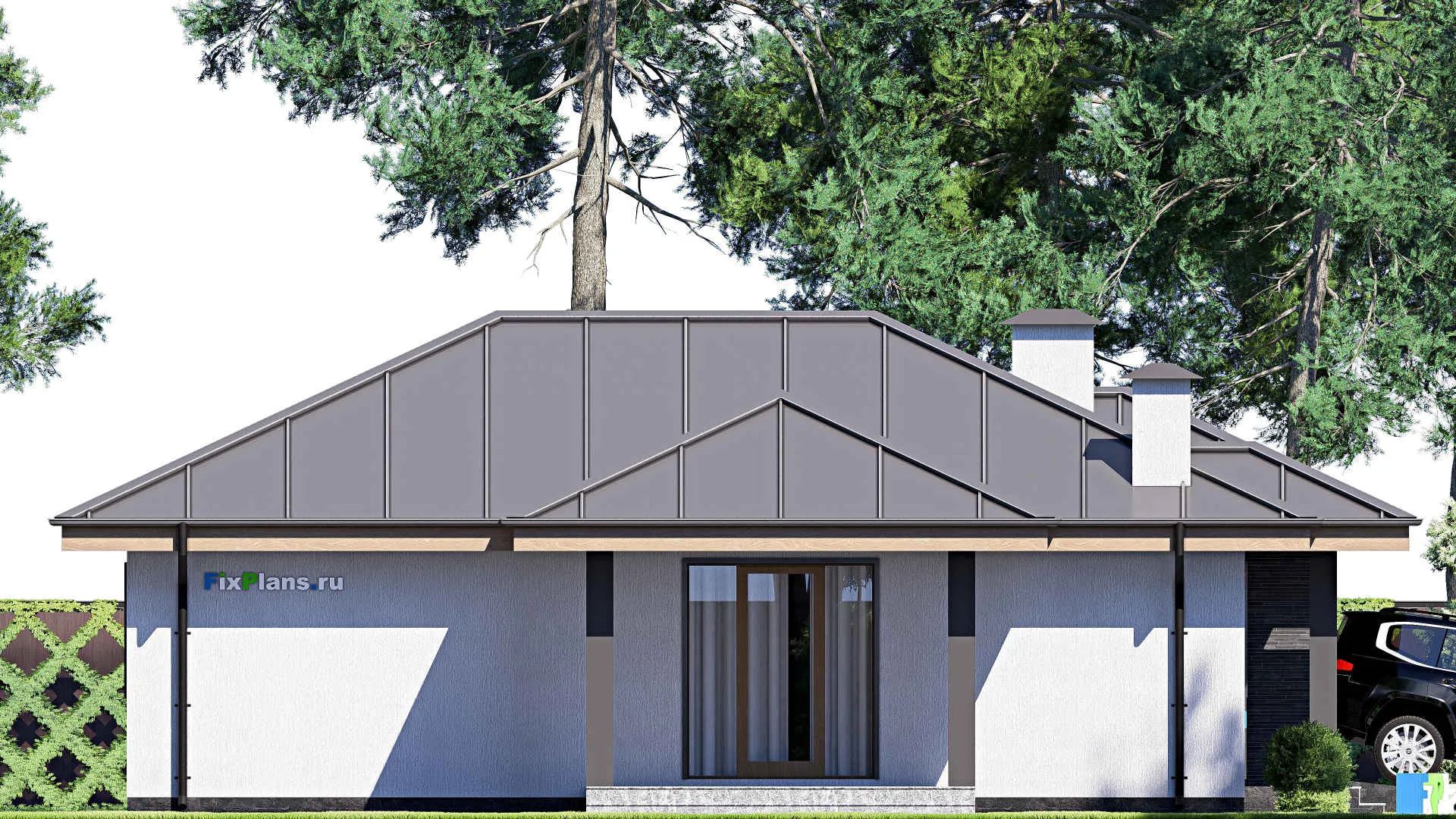 F-17873 - Проект одноэтажного дома 14 на 15, площадью 120 м² с террасой, гаражом на 1 машину и 2 спальнями