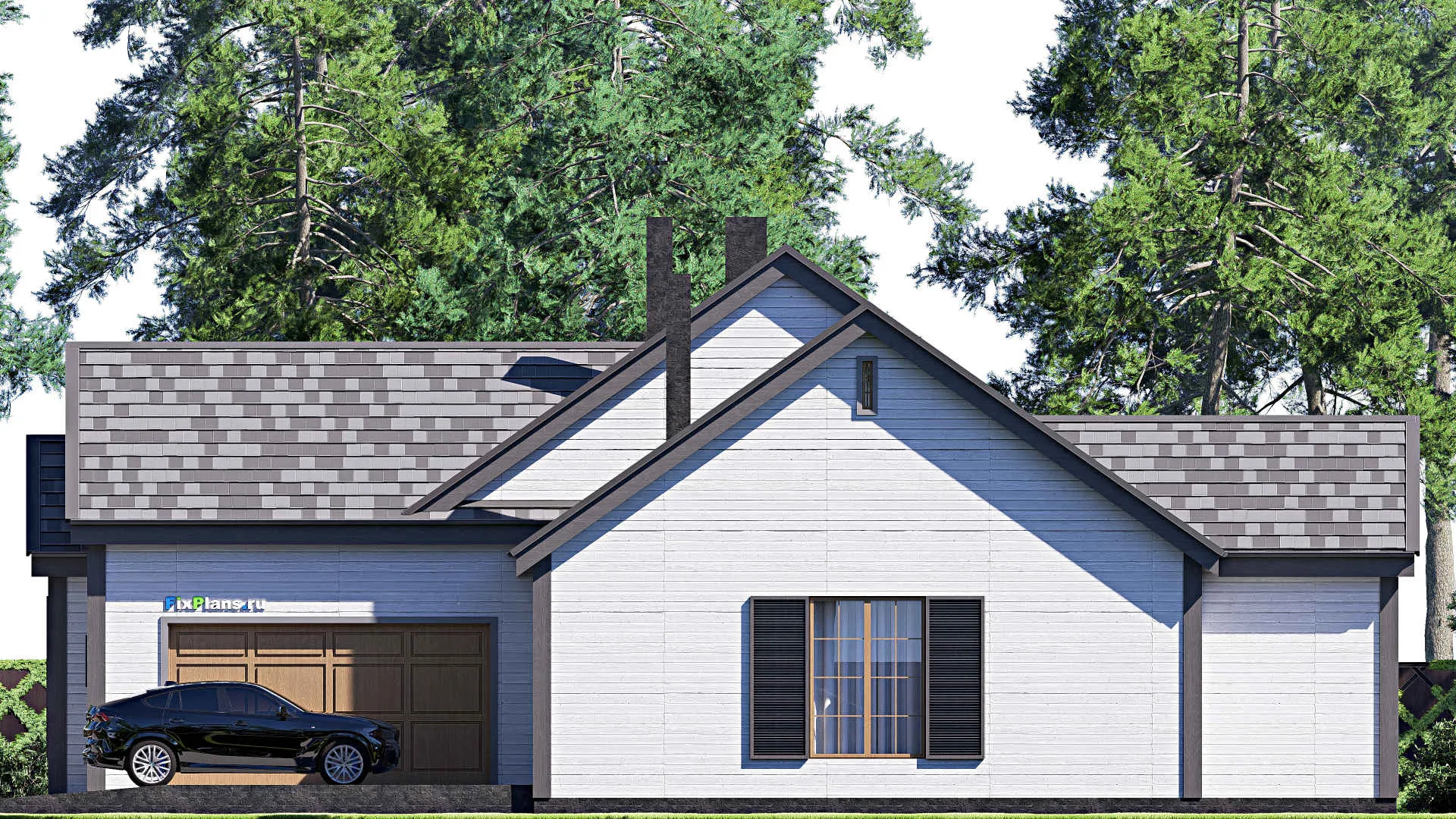 F-17144 - Проект дома с мансардой 21 на 25, площадью 300 м² с террасой, гаражом на 2 машины и 4 спальнями