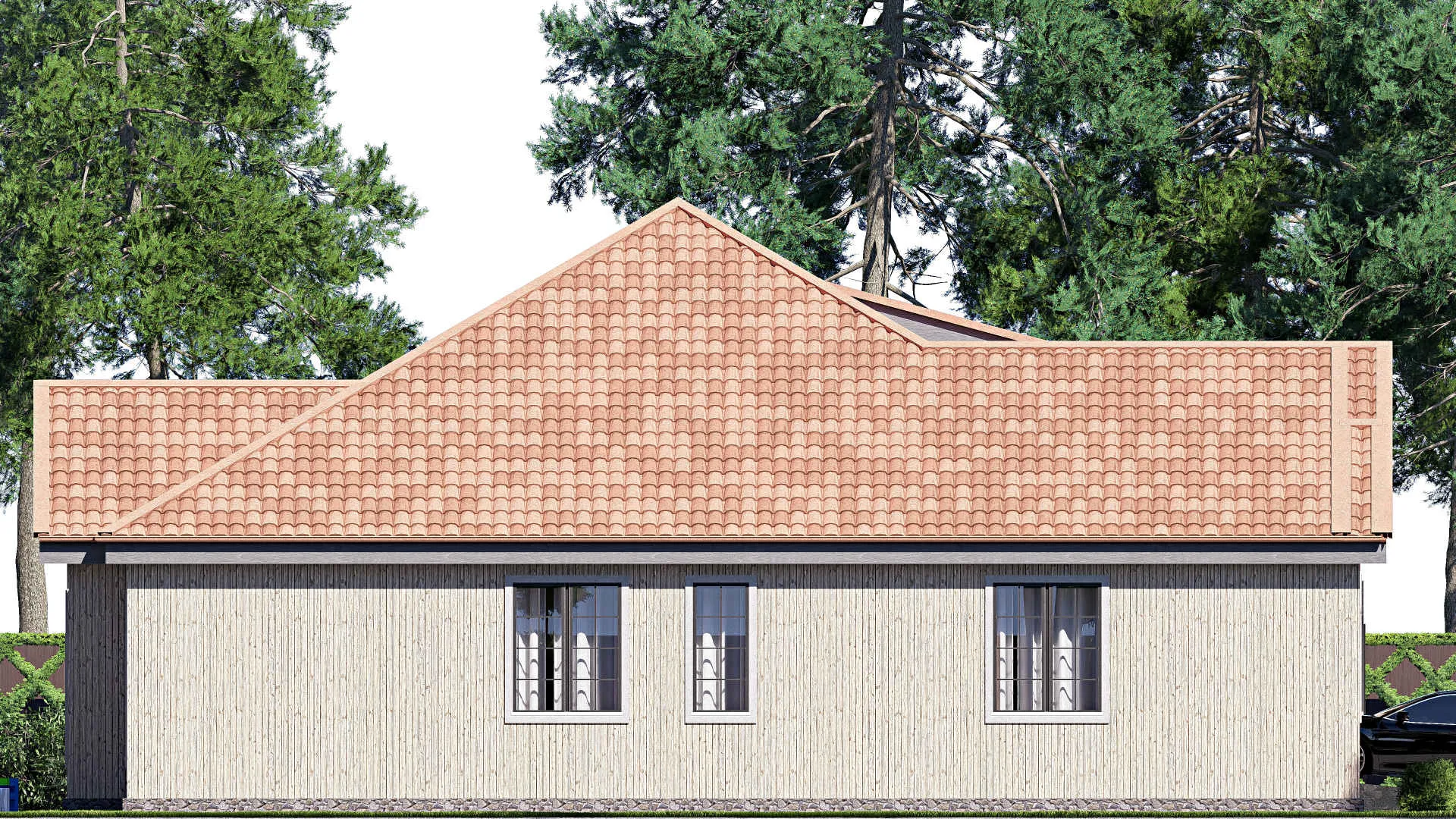 F-20150 - Проект одноэтажного дома 18 на 20, площадью 270 м² с террасой, гаражом на 2 машины и 2 спальнями