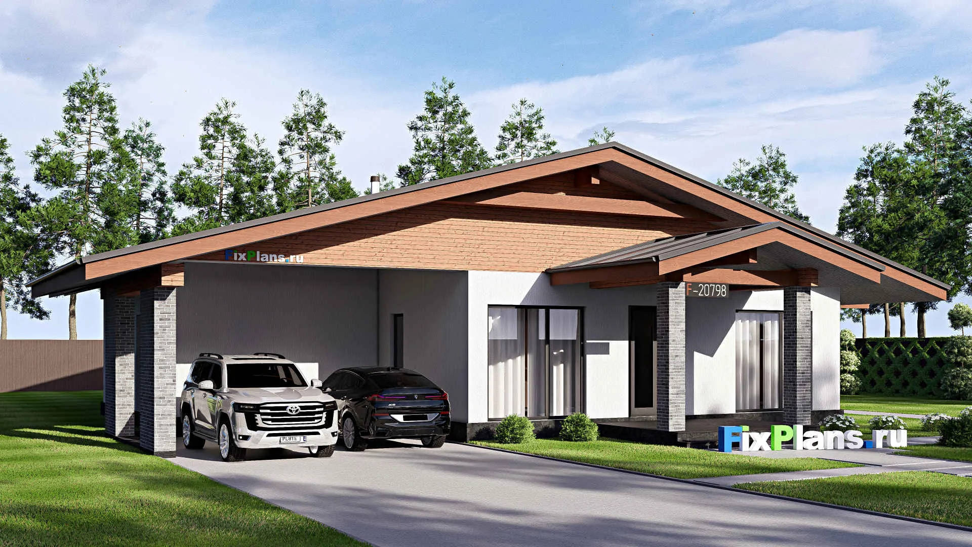 F-20798 - Проект одноэтажного дома 22 на 22, площадью 250 м² с террасой и 3 спальнями