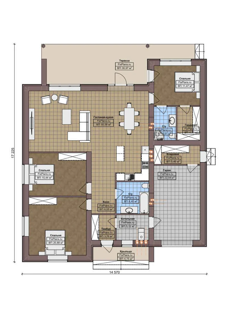 F-2888 - План одноэтажного дома 15 на 18, площадью 200 м² с террасой, гаражом на 1 машину и 3 спальнями