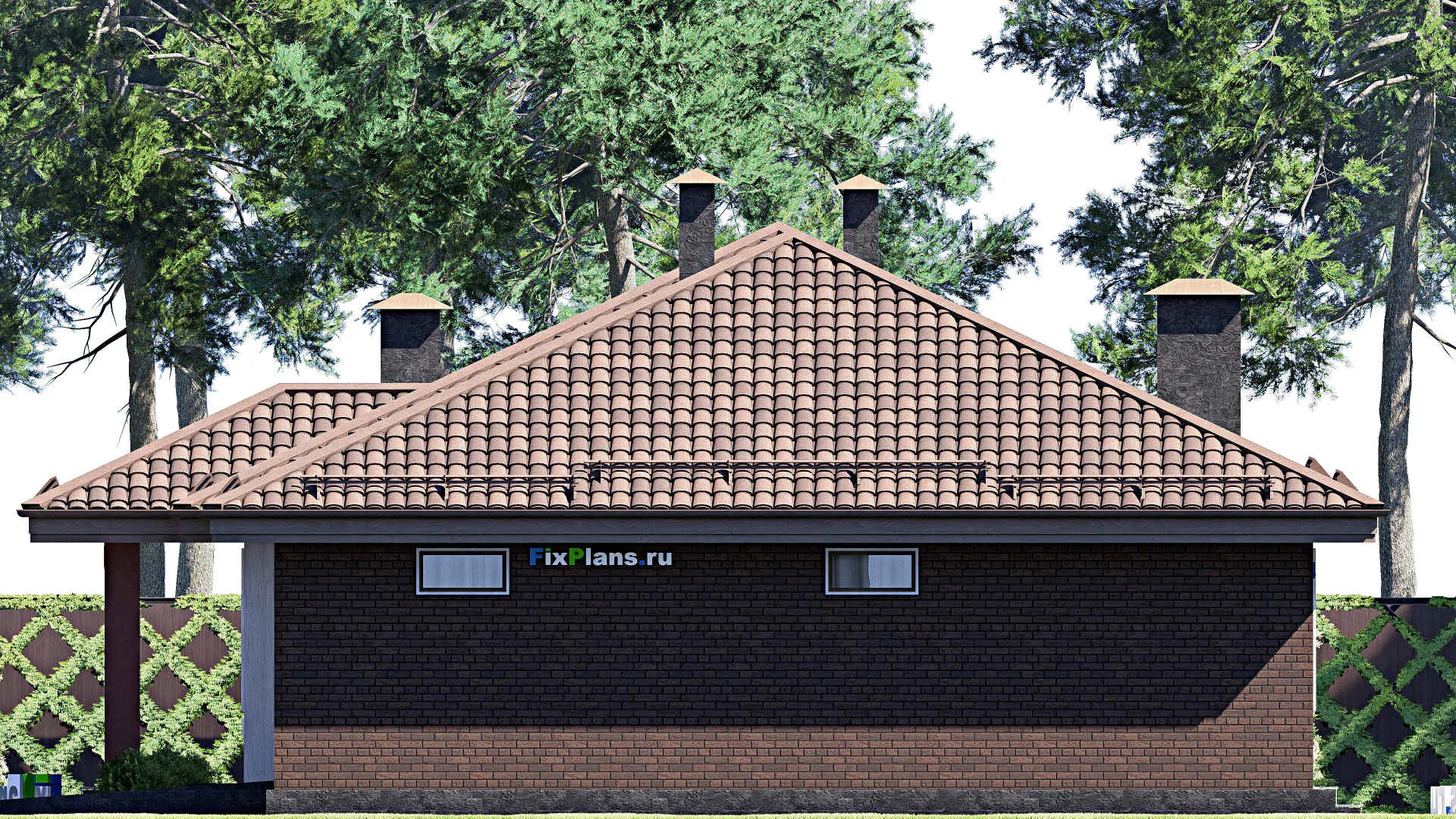 F-17333 - Проект одноэтажного дома 14 на 19, площадью 180 м² с террасой, гаражом на 2 машины и 3 спальнями