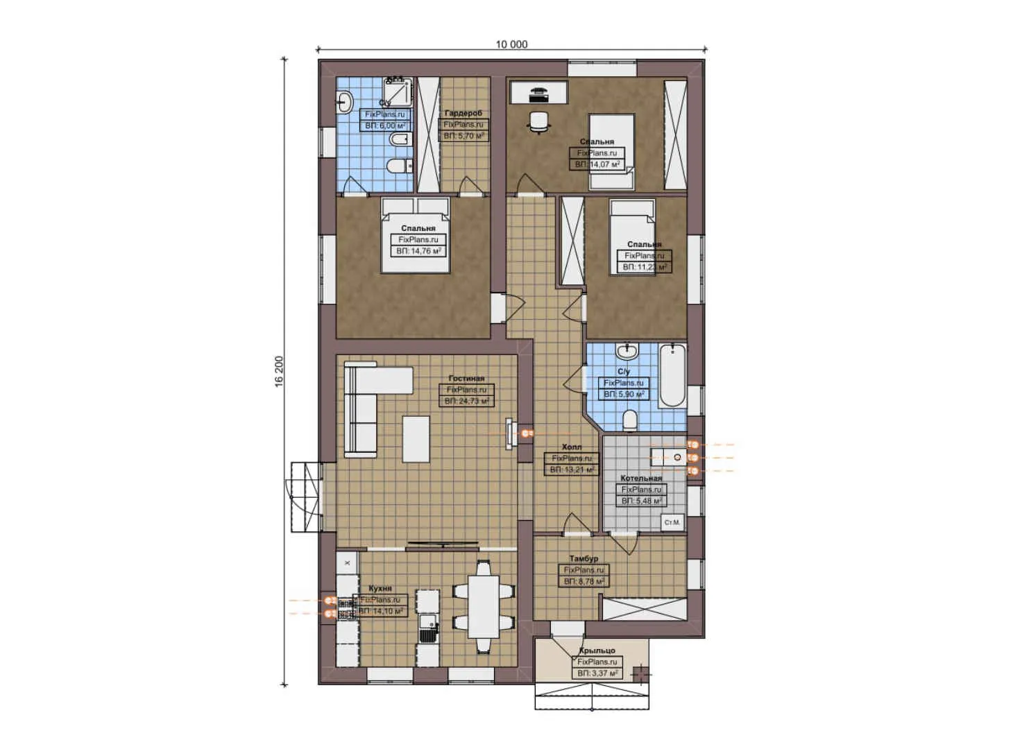 F-5750 - План одноэтажного дома 10 на 17, площадью 130 м² с 3 спальнями