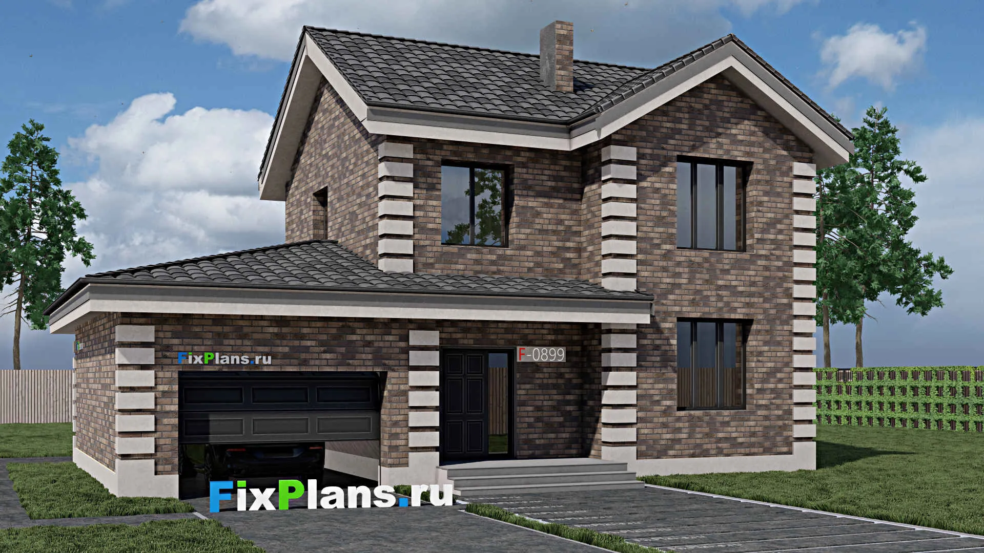 F-0899 - Проект двухэтажного дома 9 на 14, площадью 160 м² с гаражом на 2 машины и 3 спальнями