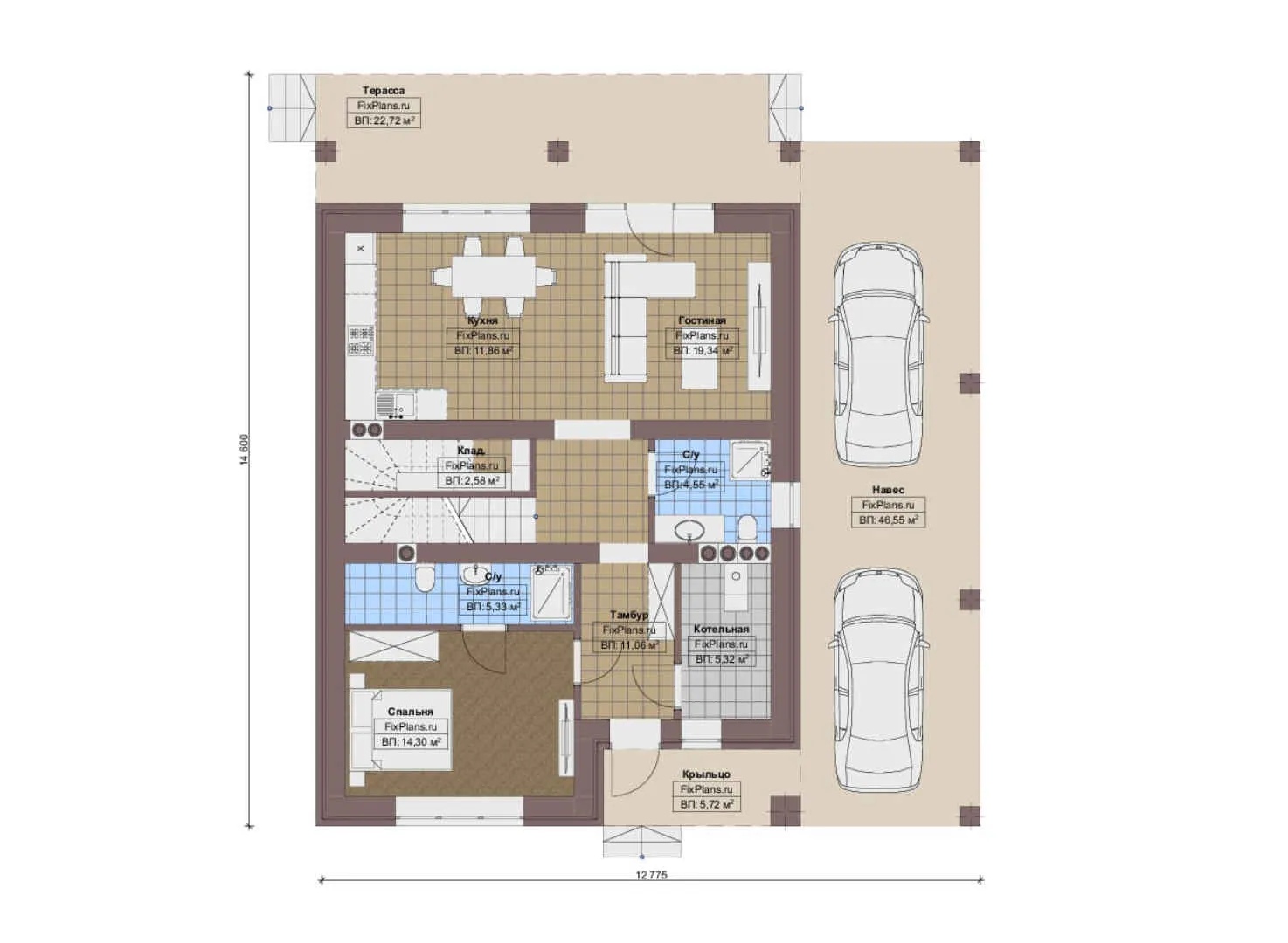 F-14246 - Планы дома с мансардой 13 на 15, площадью 240 м² с террасой, балконом и 5 спальнями