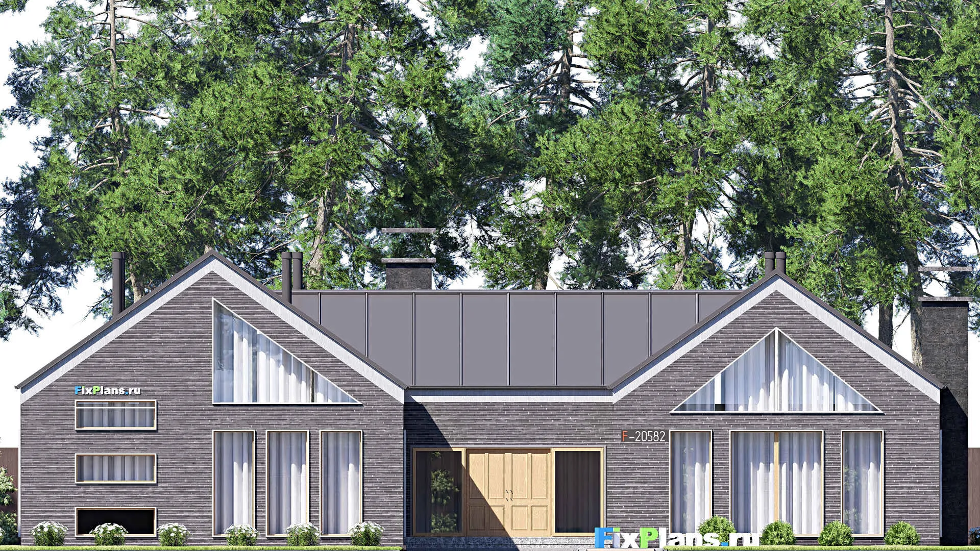 F-20582 - Проект одноэтажного дома 23 на 32, площадью 410 м² с террасой, гаражом на 2 машины и 3 спальнями