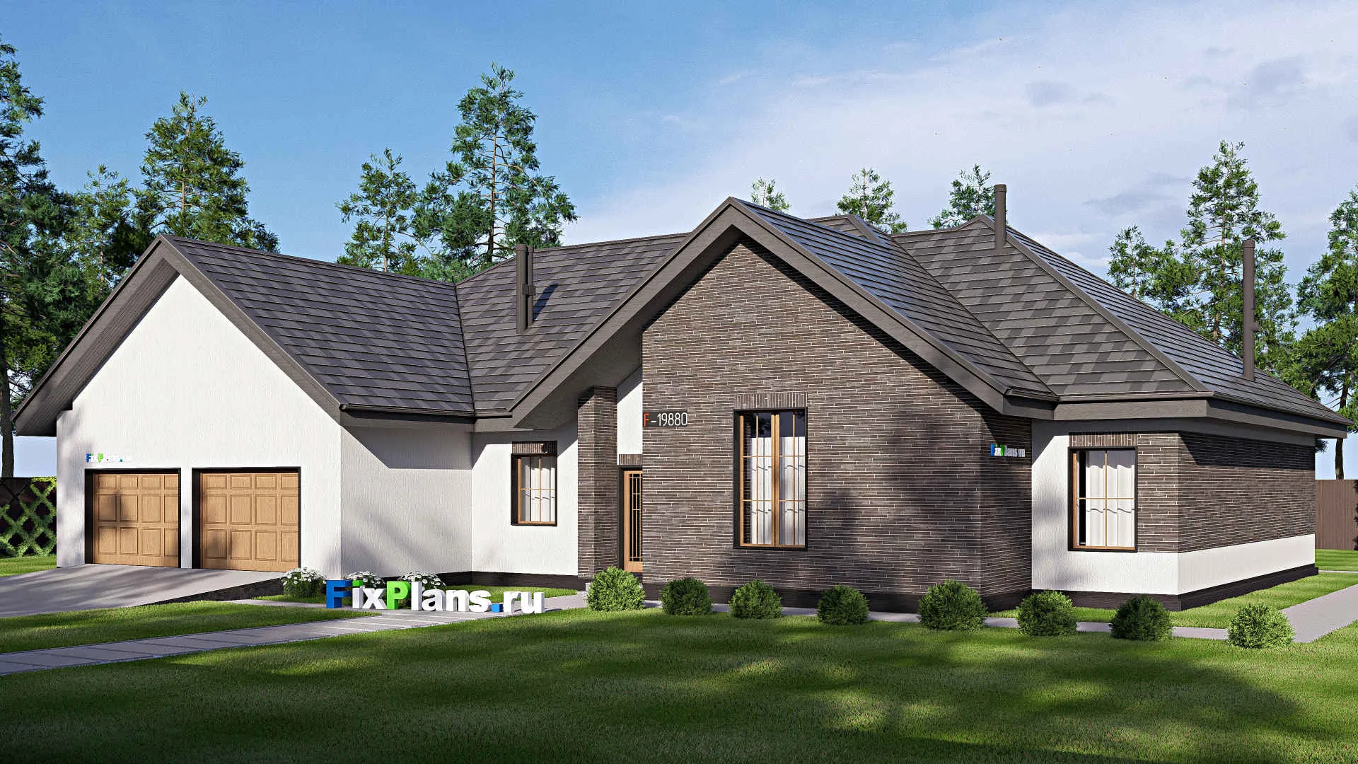 F-19880 - Проект одноэтажного дома 18 на 24, площадью 280 м² с террасой, гаражом на 2 машины и 3 спальнями