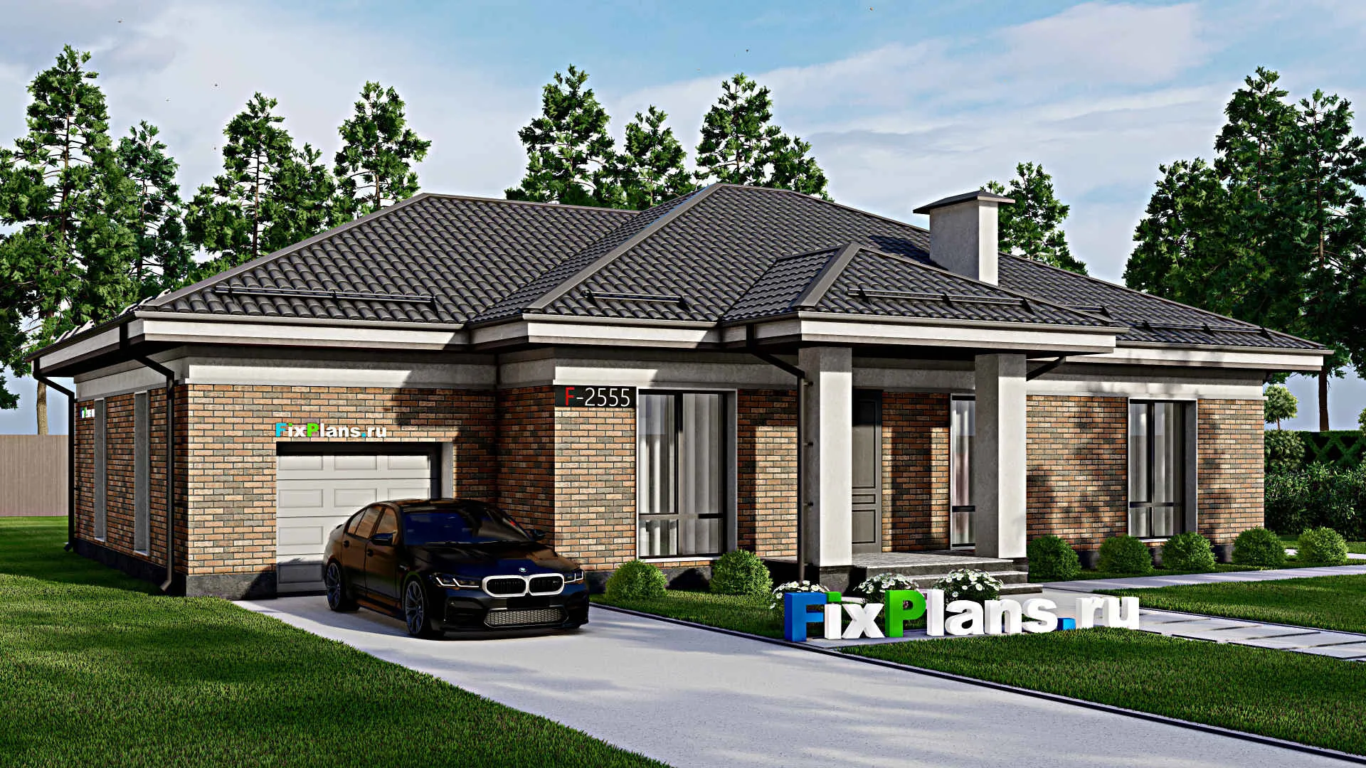 F-2555 - Проект одноэтажного дома 12 на 18, площадью 180 м² с террасой, гаражом на 2 машины и 3 спальнями