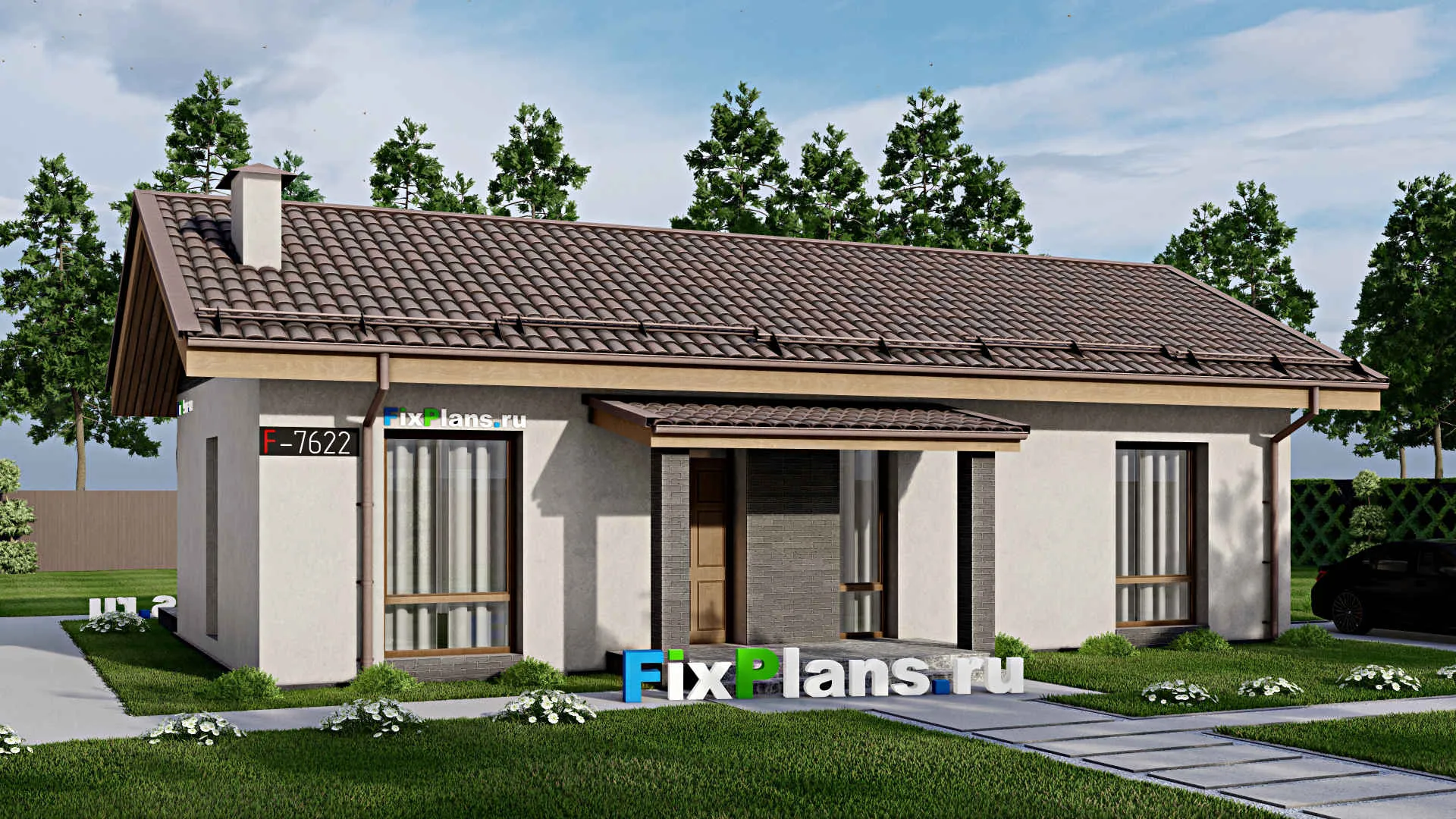F-7622 - Проект одноэтажного дома 12 на 14, площадью 120 м² с террасой и 3 спальнями