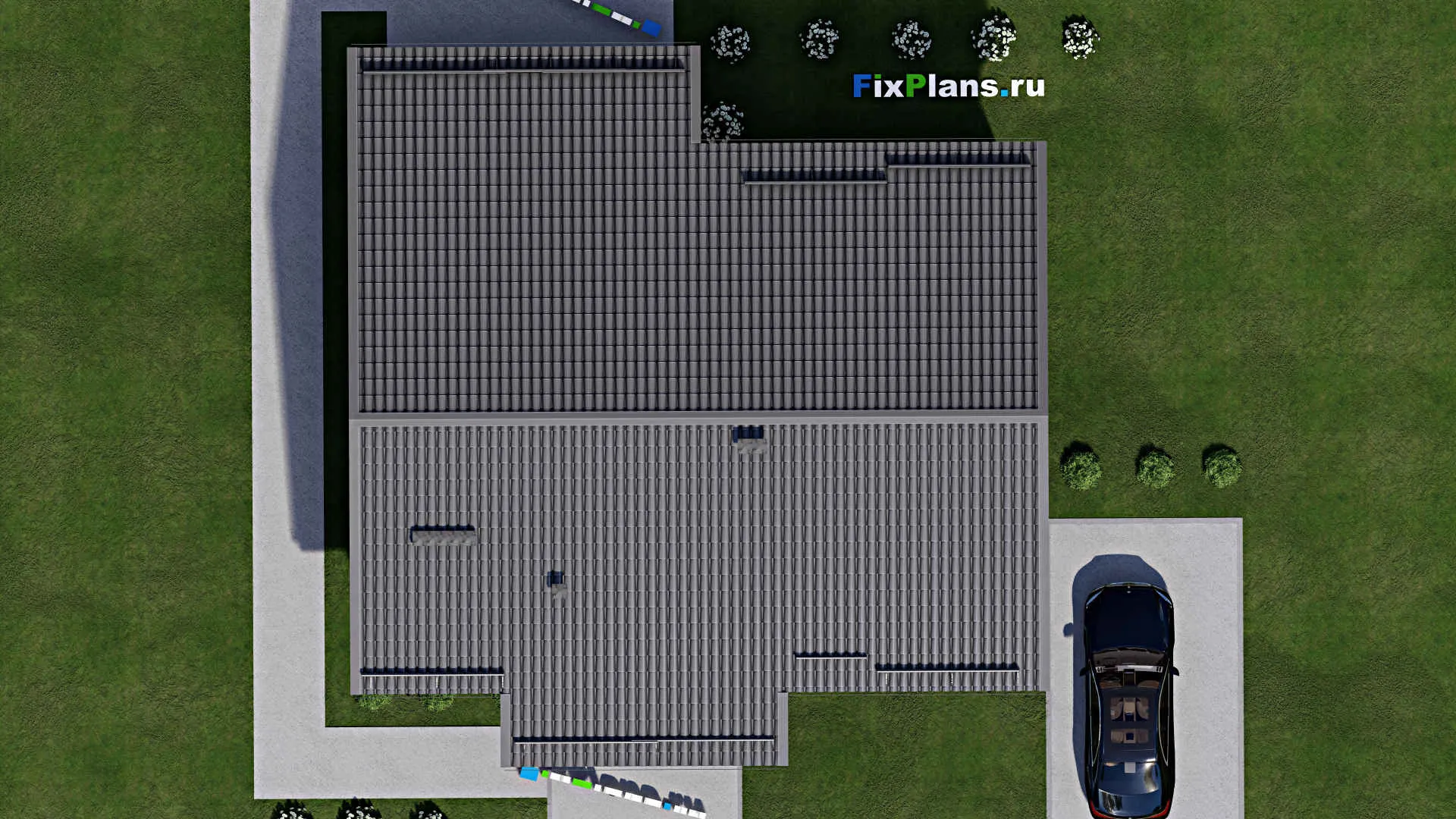 F-9917 - Проект одноэтажного дома 14 на 14, площадью 130 м² с террасой и 3 спальнями
