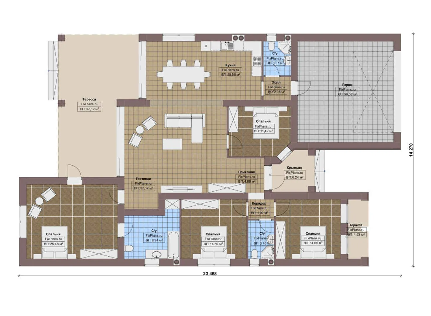 F-17270 - План одноэтажного дома 15 на 24, площадью 240 м² с террасой, гаражом на 2 машины и 4 спальнями