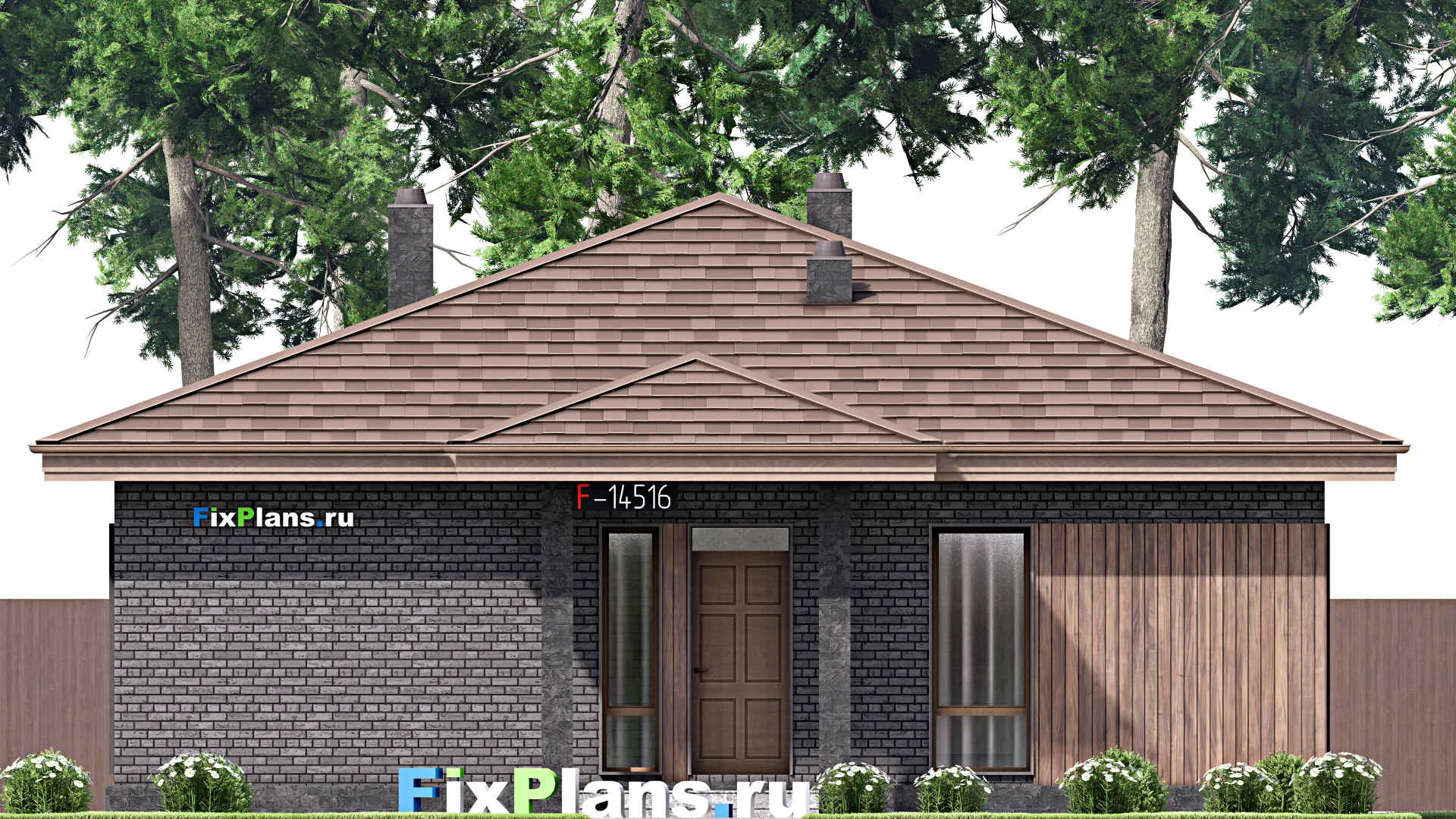 F-14516 - Проект одноэтажного дома 12 на 14, площадью 130 м² с террасой и 3 спальнями