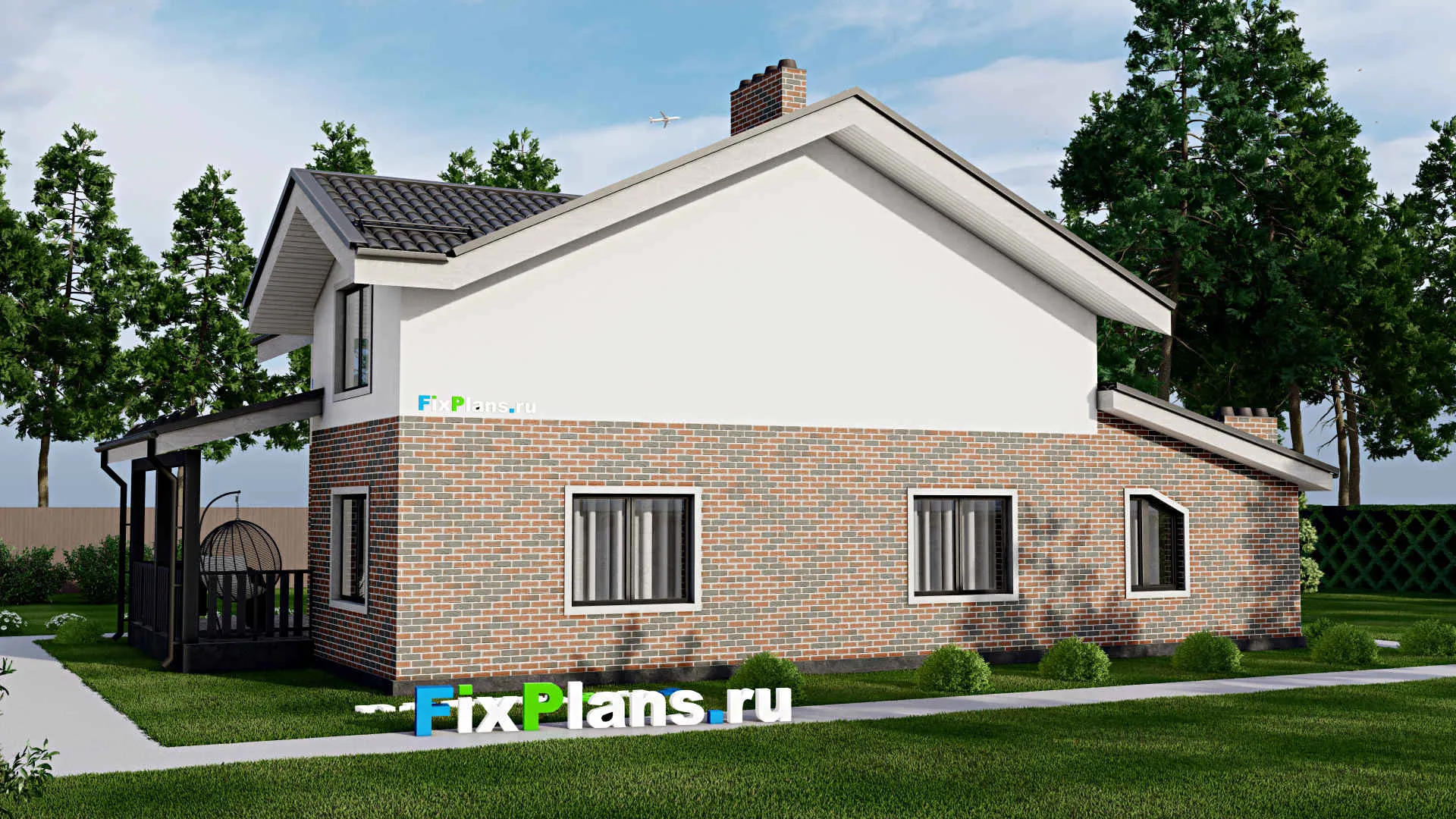 F-3023 - Проект дома с мансардой 10 на 16, площадью 200 м² с террасой, гаражом на 1 машину и 4 спальнями