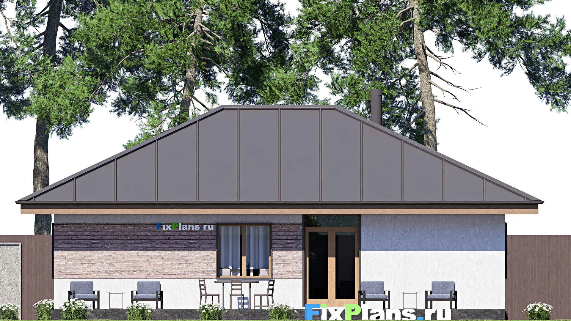 F-19835 - Проект одноэтажного дома 13 на 14, площадью 140 м² с террасой и 3 спальнями