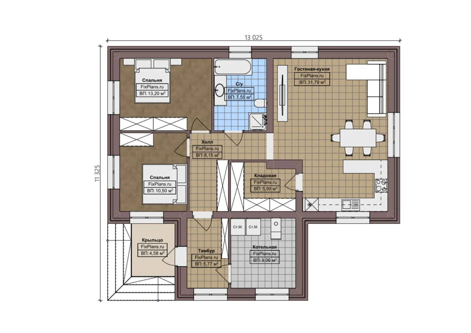 F-1952 - План одноэтажного дома 12 на 14, площадью 100 м² с 2 спальнями