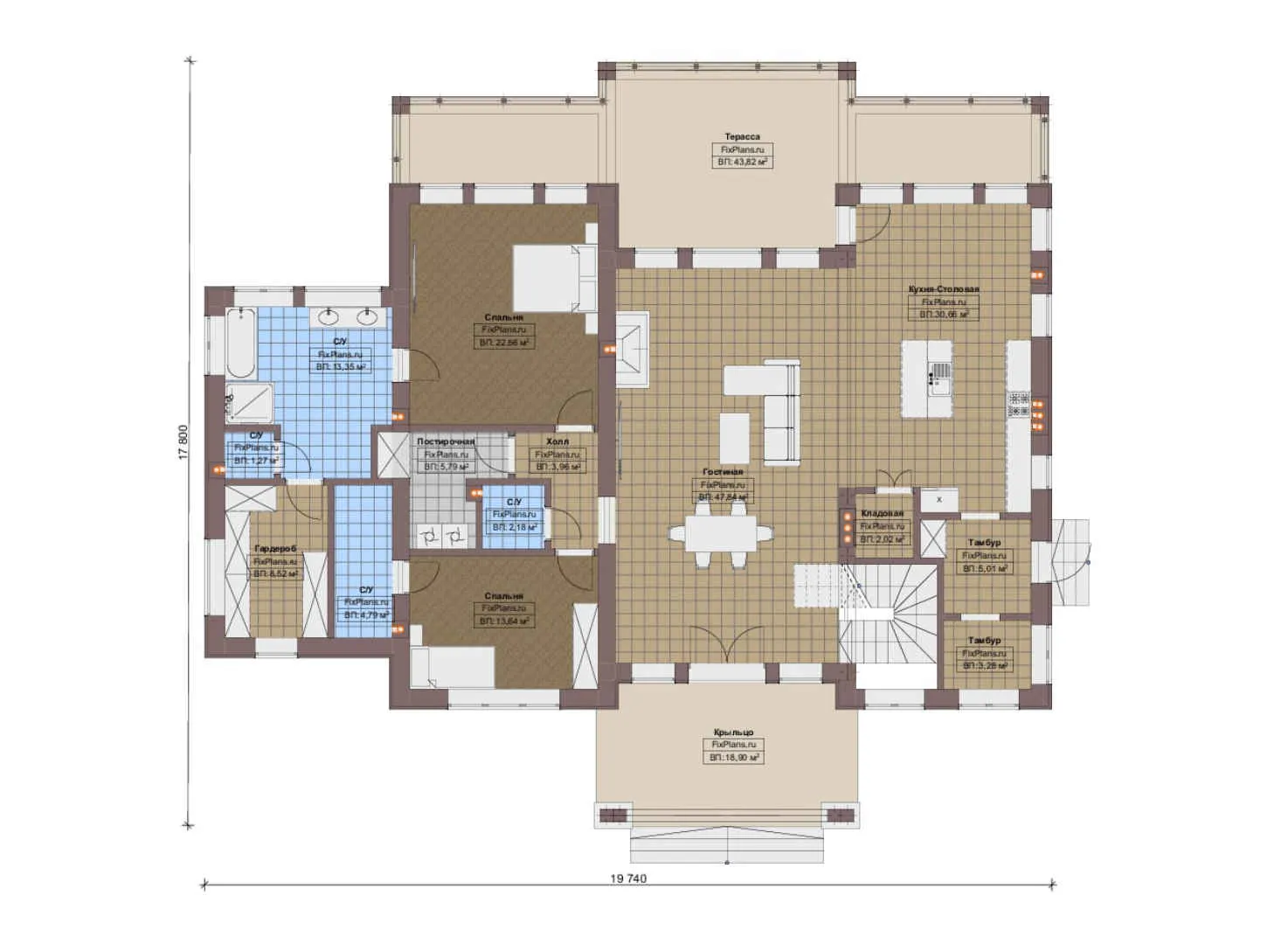 F-20645 - Планы двухэтажного дома 18 на 20, площадью 440 м² с террасой, цокольным этажом, гаражом на 1 машину и 3 спальнями