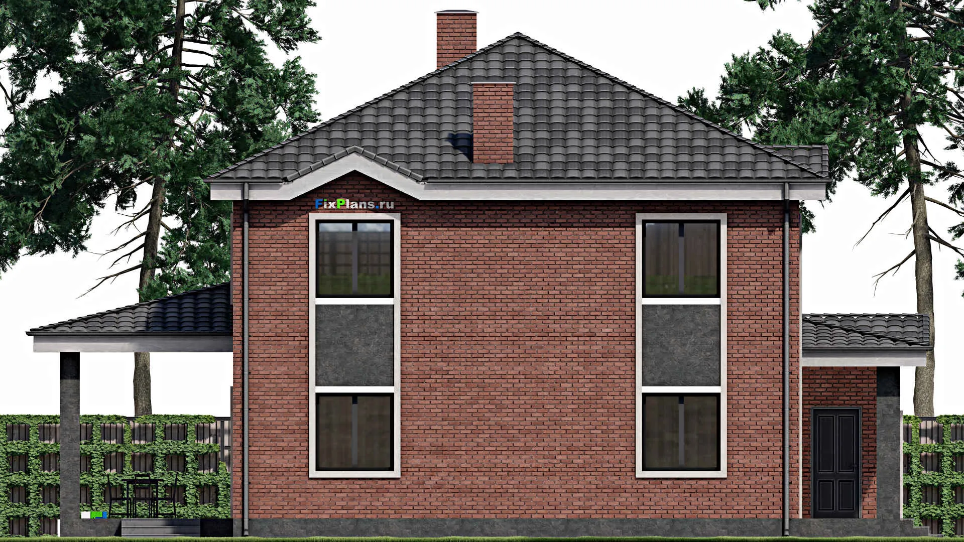 F-1493 - Проект двухэтажного дома 13 на 17, площадью 260 м² с террасой, баней, гаражом на 1 машину и 3 спальнями