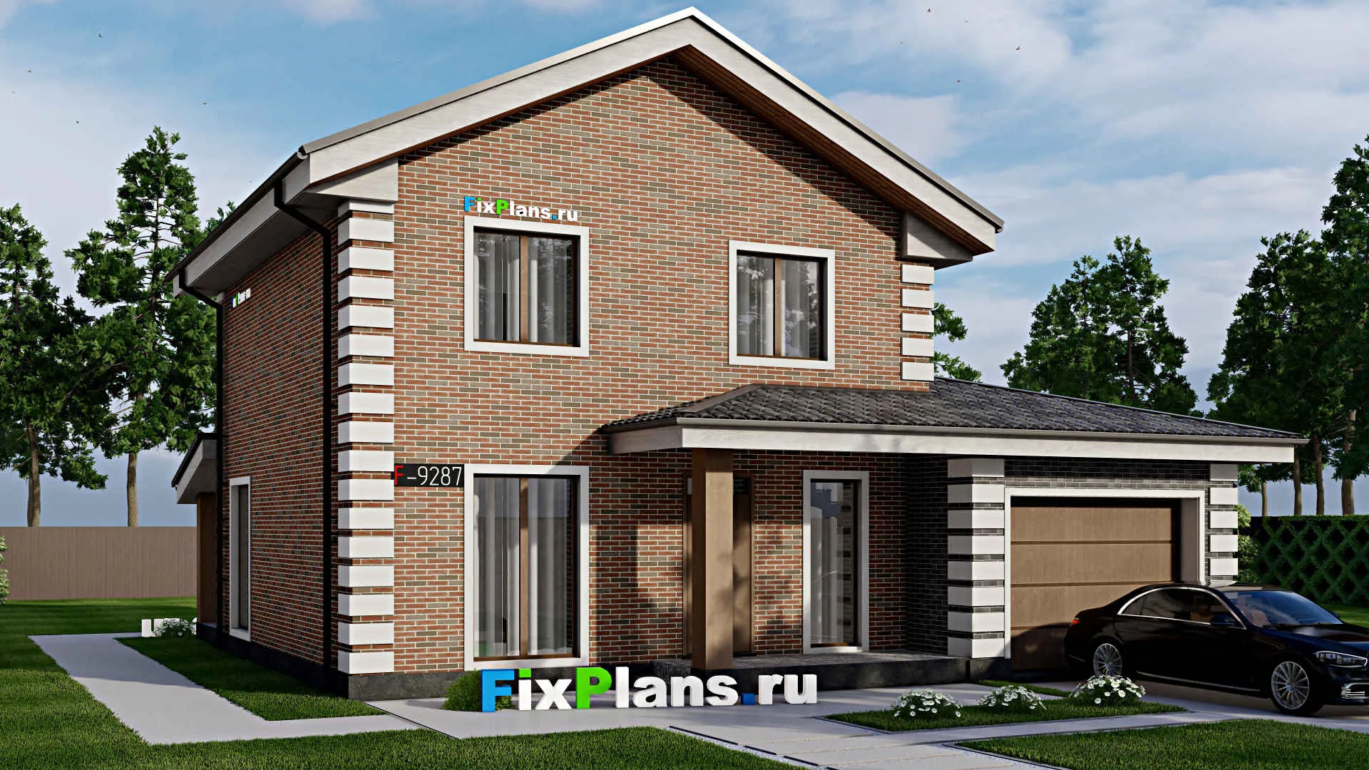 F-9287 - Проект двухэтажного дома 13 на 13, площадью 160 м² с террасой, гаражом на 1 машину и 4 спальнями
