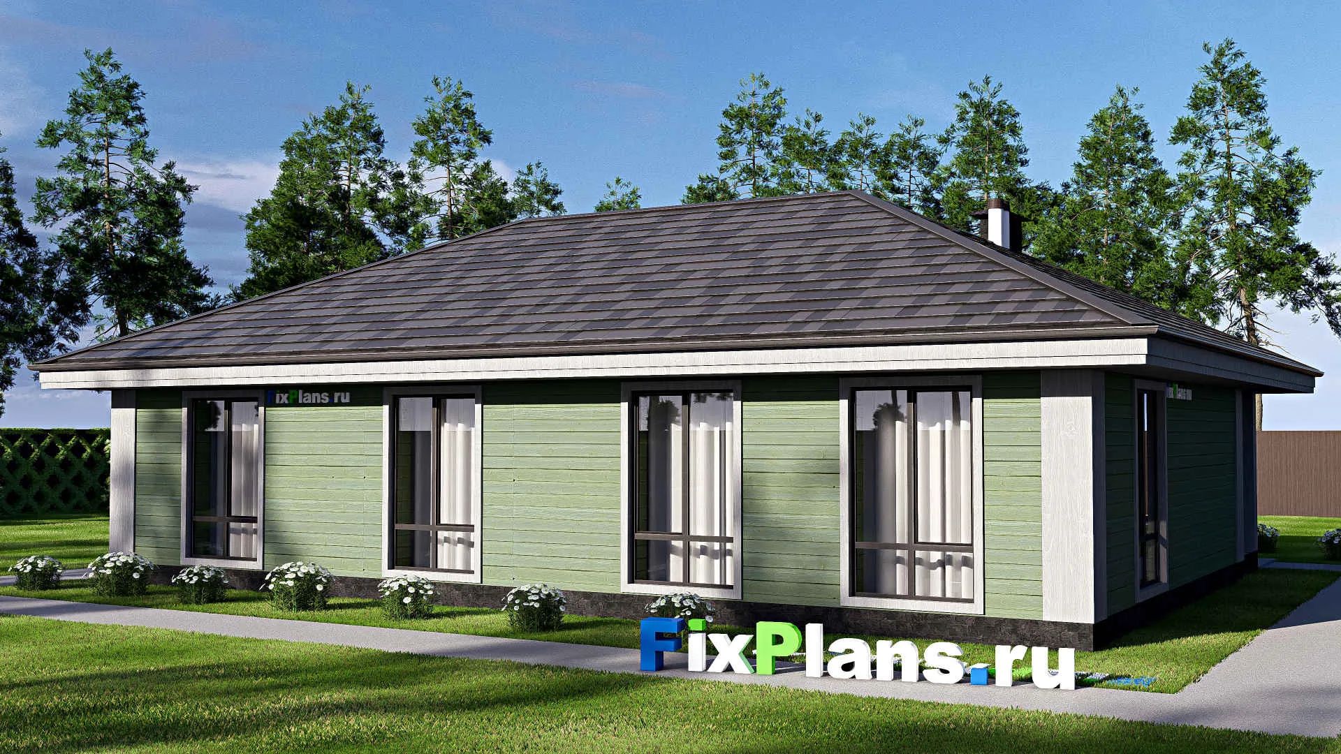 F-18053 - Проект одноэтажного дома 11 на 15, площадью 120 м² с террасой и 3 спальнями