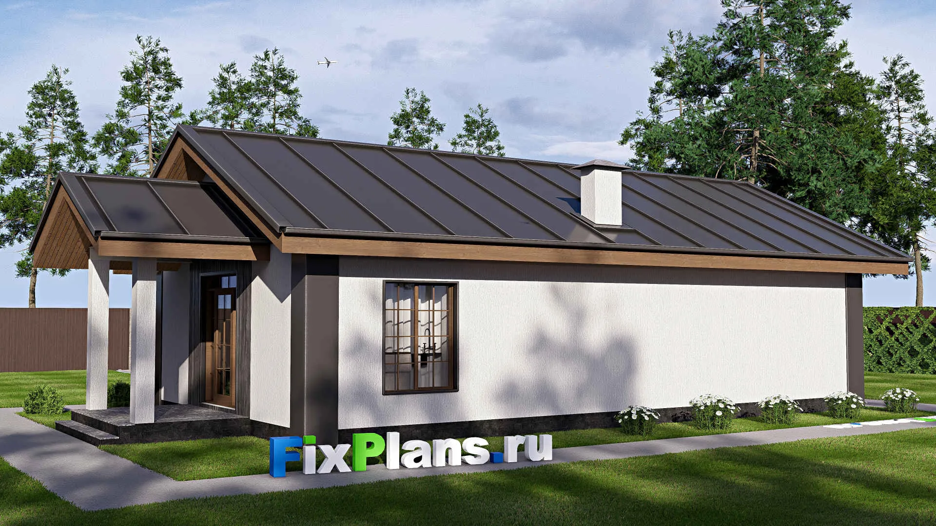 F-18584 - План одноэтажного дома 8 на 16, площадью 90 м² с террасой и 2 спальнями