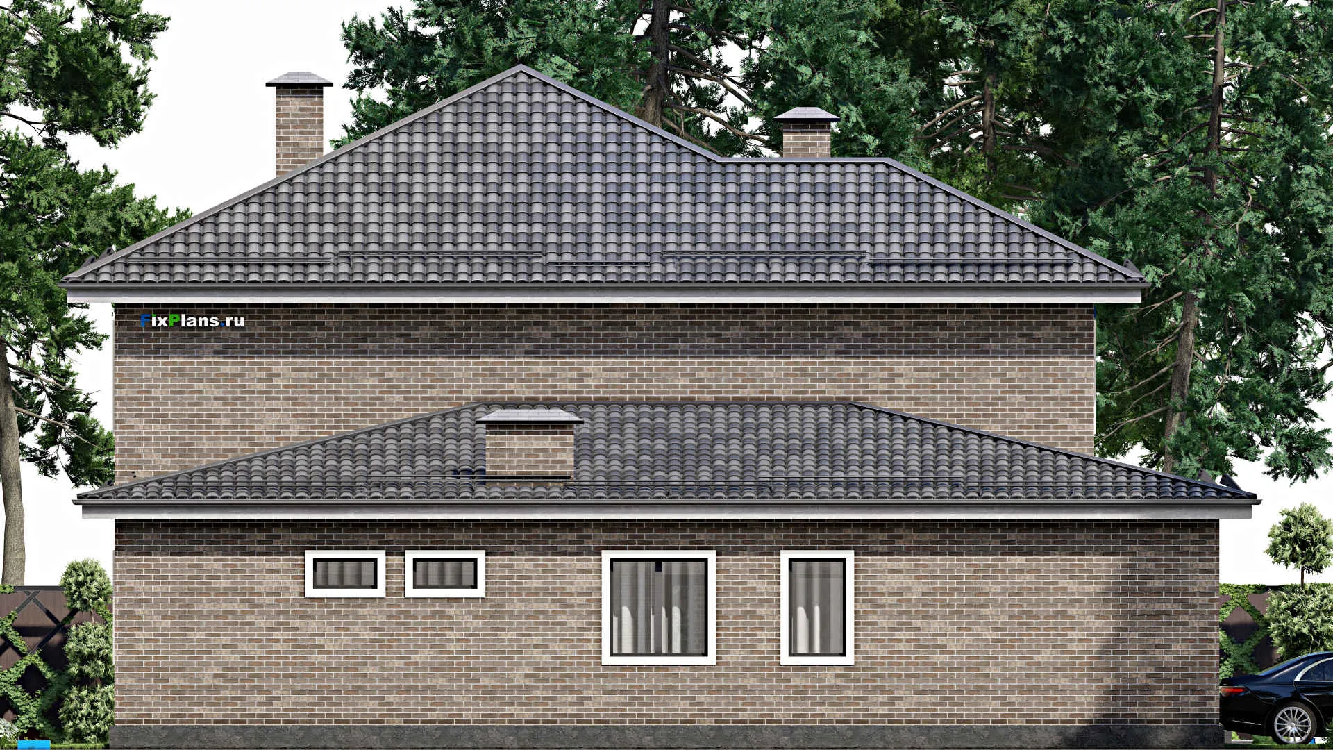 F-6461 - Проект двухэтажного дома 17 на 18, площадью 370 м² с террасой, балконом, баней, гаражом на 1 машину, бассейном и 4 спальнями