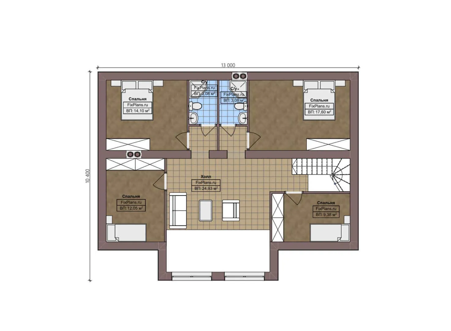 F-4130 - Планы дома с мансардой 12 на 13, площадью 200 м² с 6 спальнями