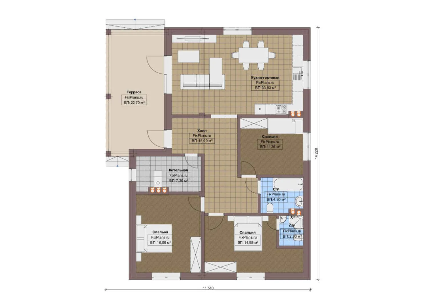 F-18503 - План одноэтажного дома 12 на 15, площадью 130 м² с террасой и 3 спальнями