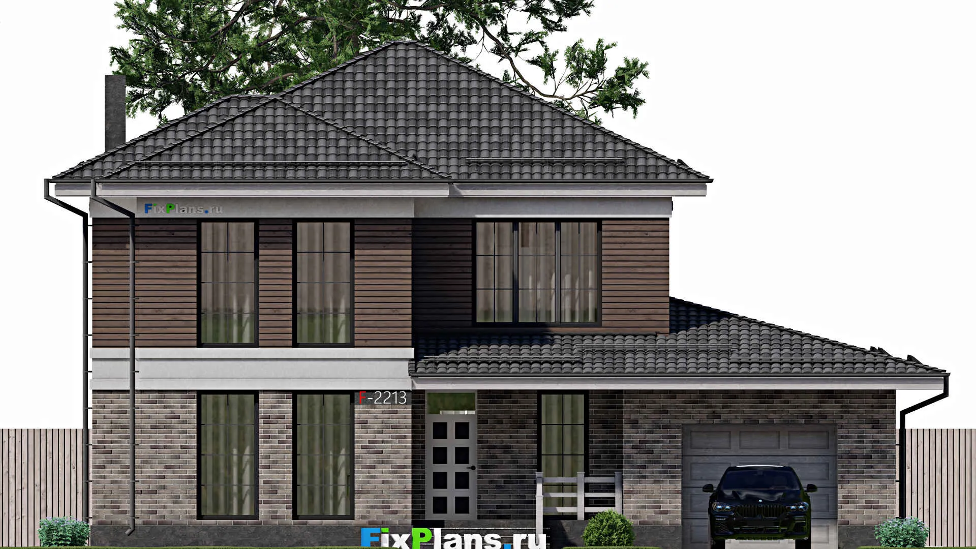 F-2213 - Проект двухэтажного дома 13 на 16, площадью 240 м² с террасой, гаражом на 1 машину и 3 спальнями