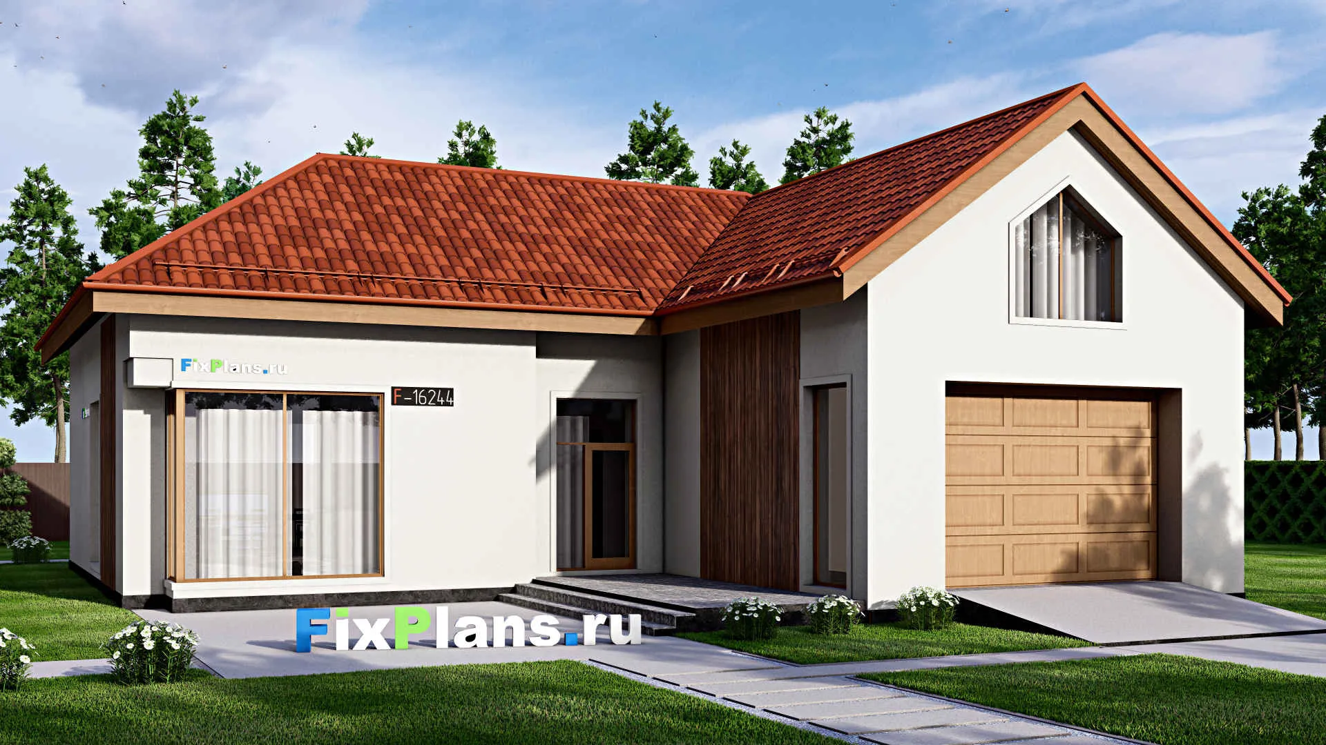 F-16244 - Проект одноэтажного дома 16 на 18, площадью 320 м² с террасой, гаражом на 1 машину и 3 спальнями