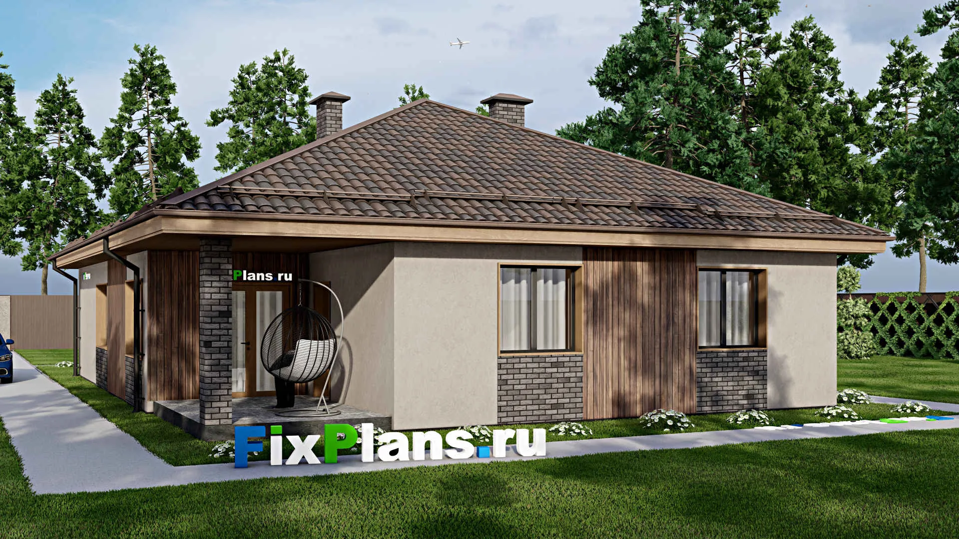 F-8198 - Проект одноэтажного дома 12 на 16, площадью 150 м² с террасой и 4 спальнями