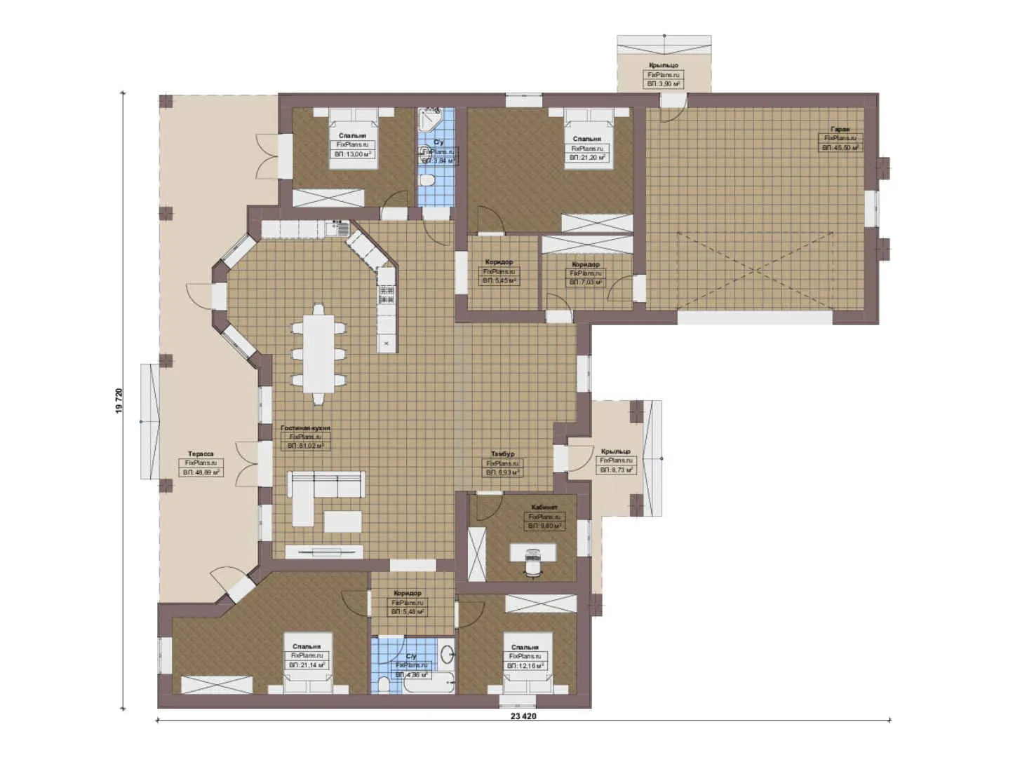F-17225 - План одноэтажного дома 20 на 24, площадью 300 м² с террасой, гаражом на 2 машины и 4 спальнями