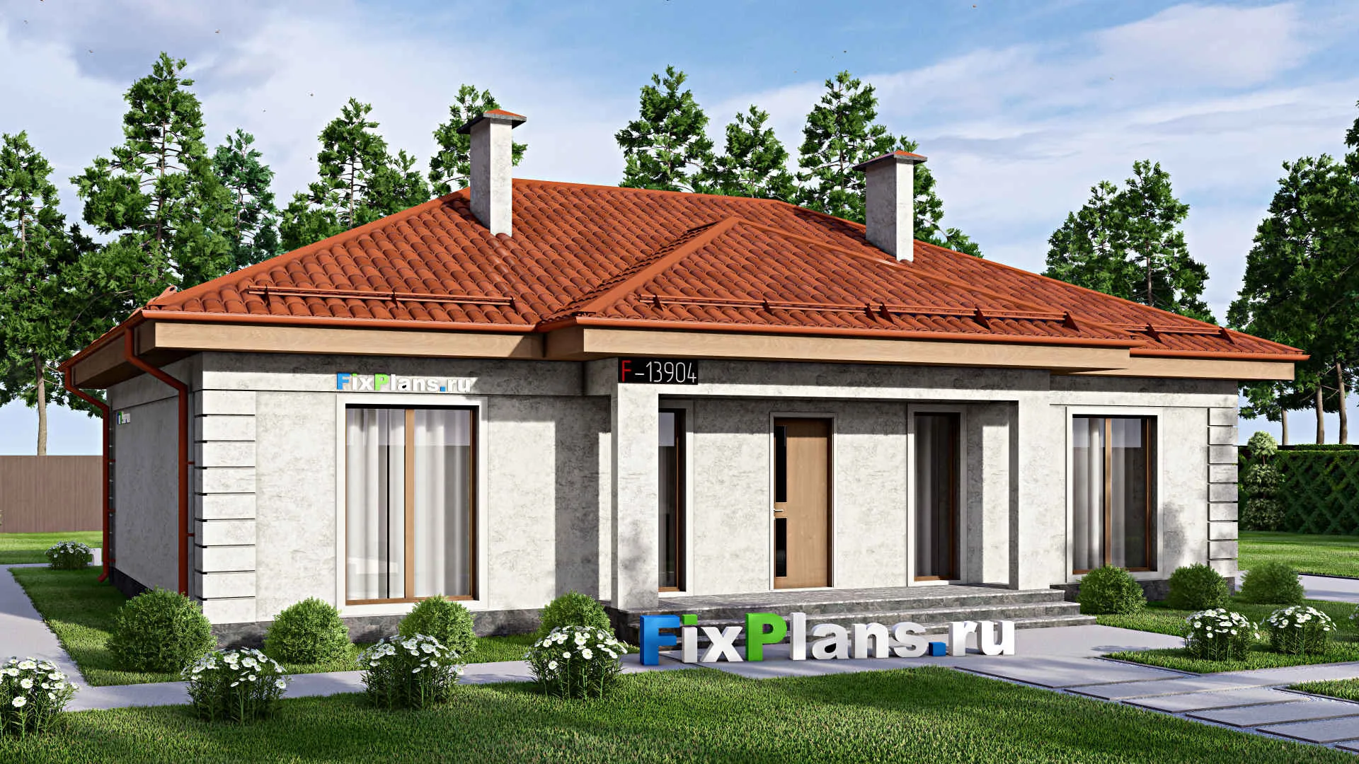 F-13904 - Проект одноэтажного дома 15 на 15, площадью 150 м² с террасой и 3 спальнями