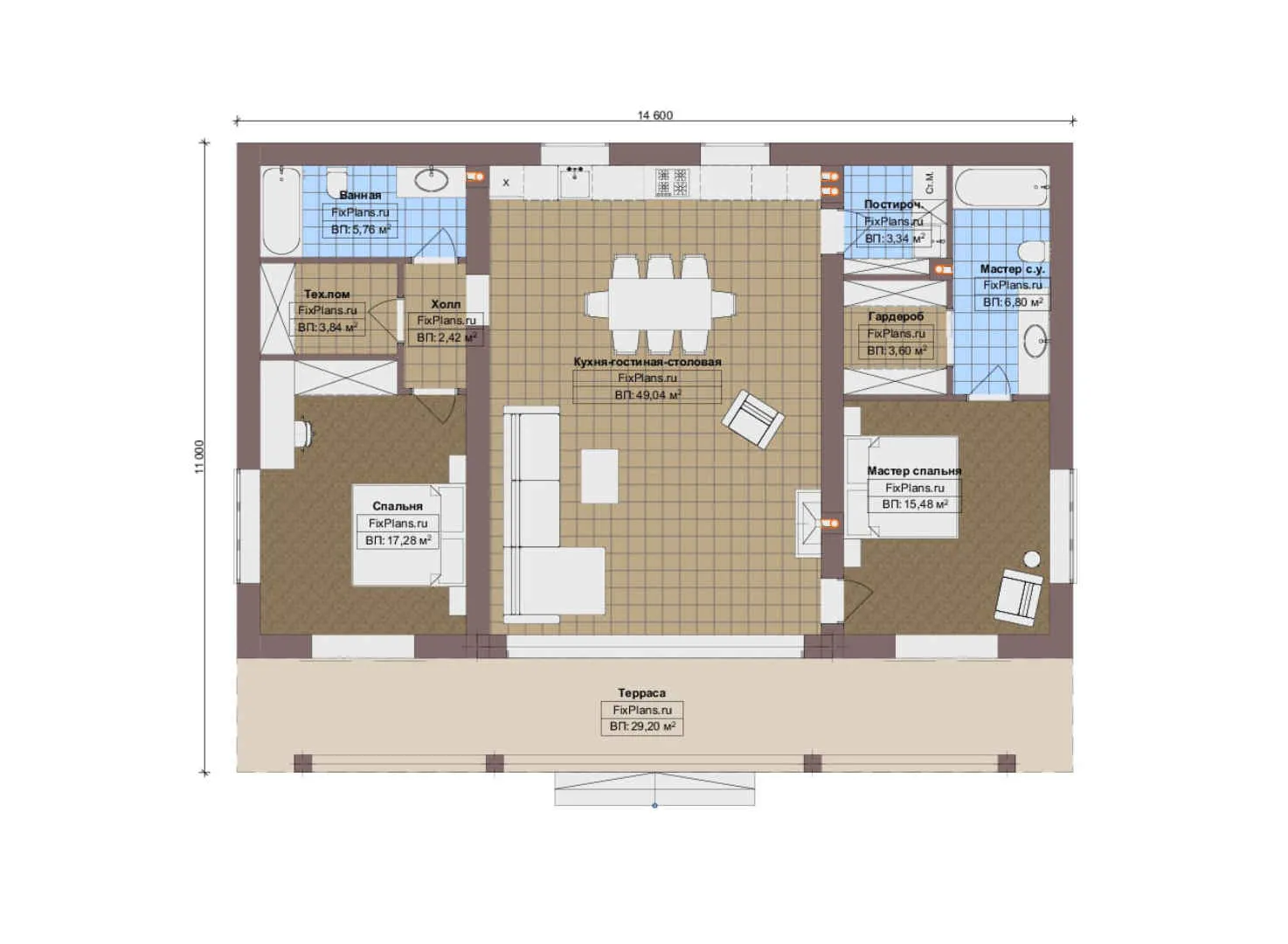F-20456 - План одноэтажного дома 11 на 15, площадью 140 м² с террасой и 2 спальнями