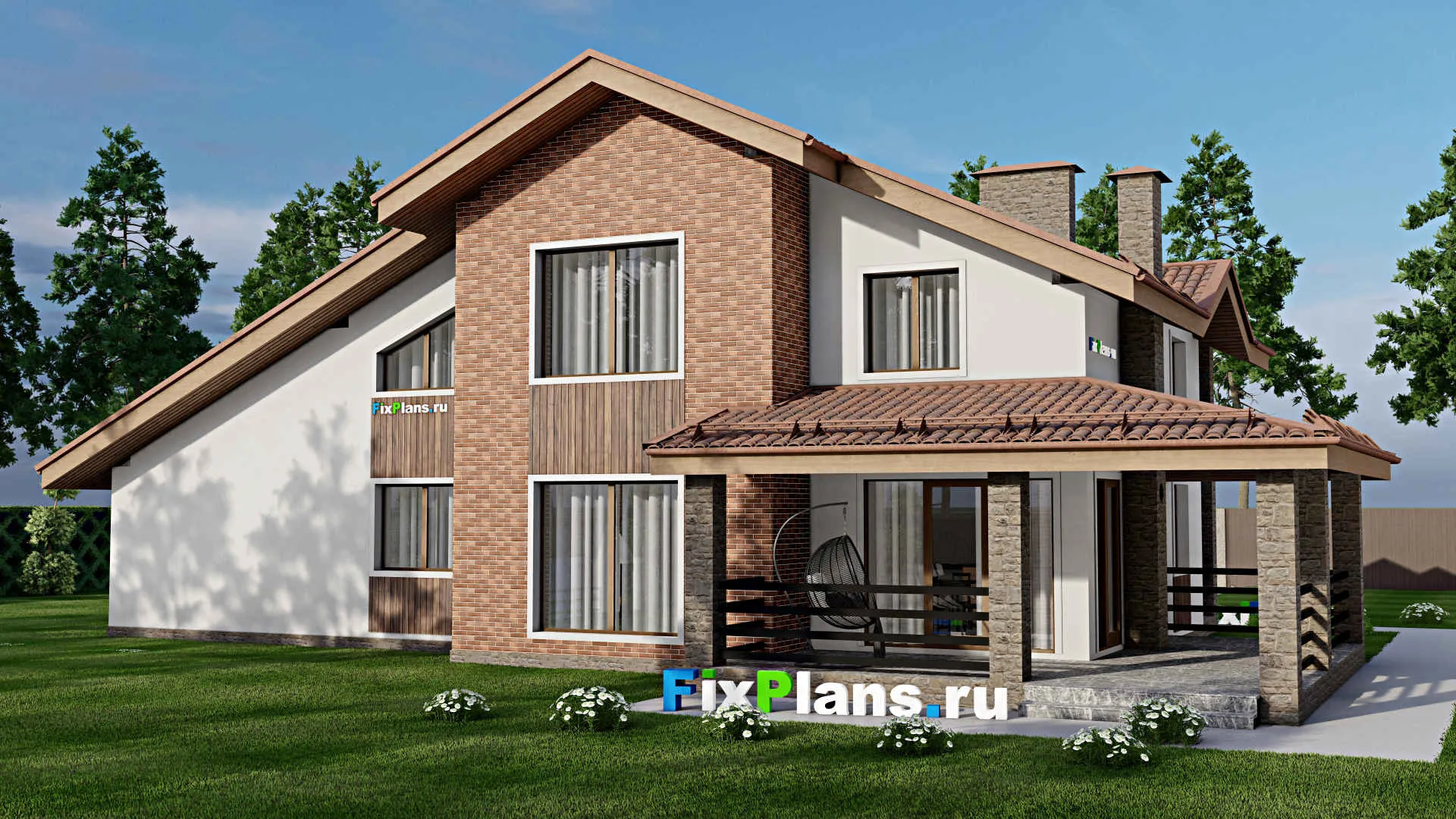 F-10520 - Проект дома с мансардой 14 на 22, площадью 270 м² с террасой, балконом, гаражом на 2 машины и 4 спальнями