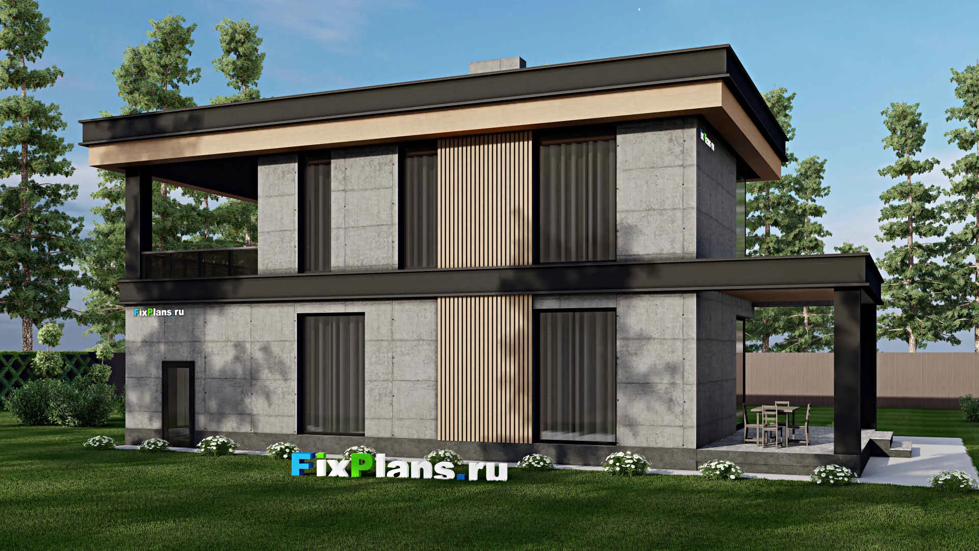 F-1313 - Проект двухэтажного дома 11 на 15, площадью 230 м² с террасой, балконом, гаражом на 1 машину и 3 спальнями