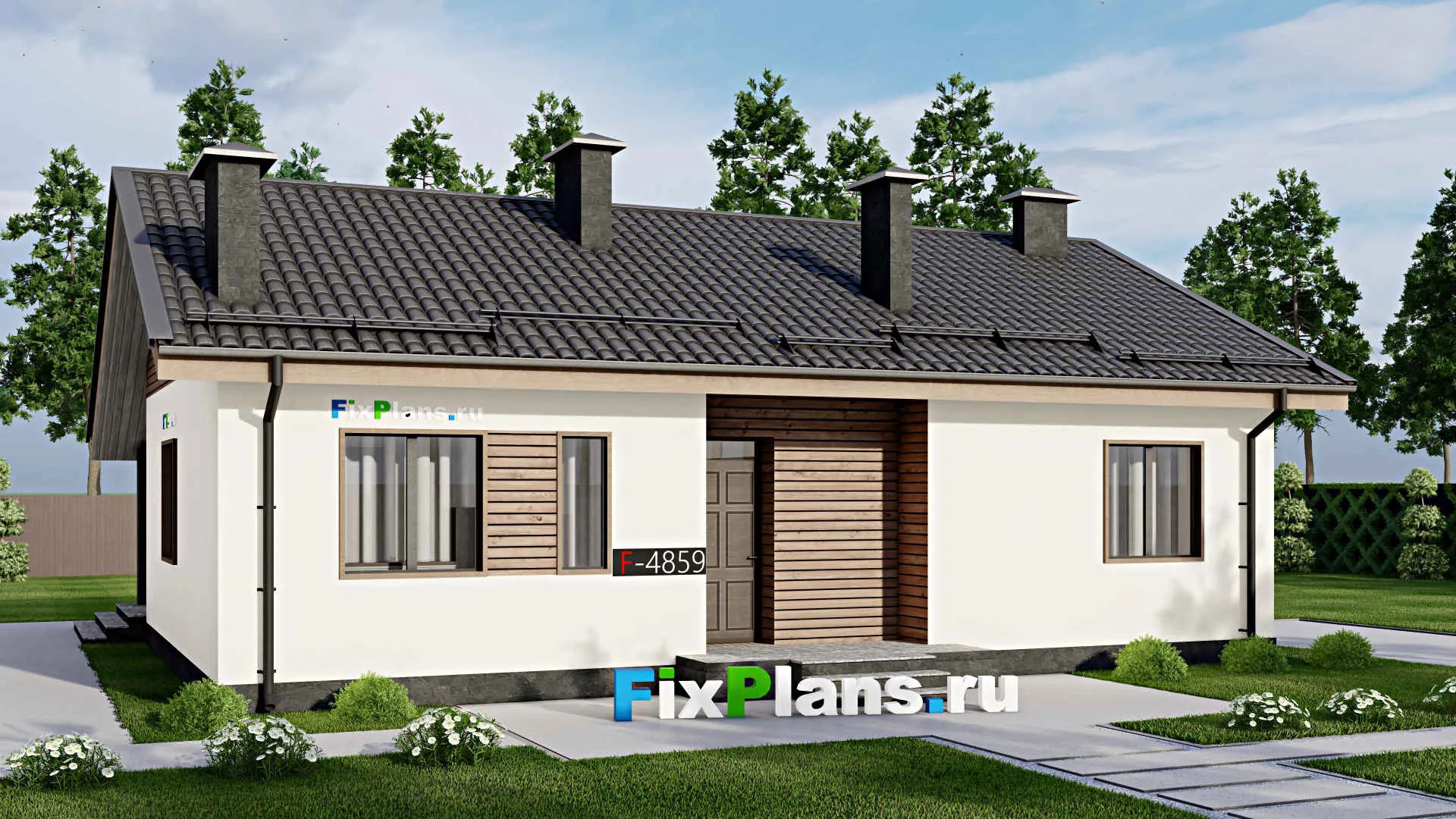 F-4859 - Проект одноэтажного дома 10 на 13, площадью 110 м² с террасой и 3 спальнями