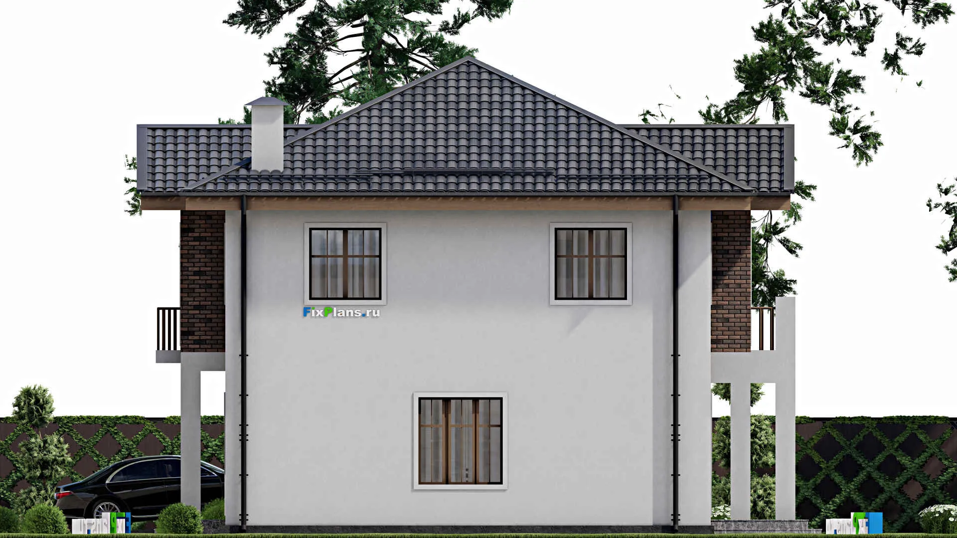 F-12338 - Планы двухэтажного дома 13 на 17, площадью 220 м² с террасой, балконом, гаражом на 2 машины и 3 спальнями