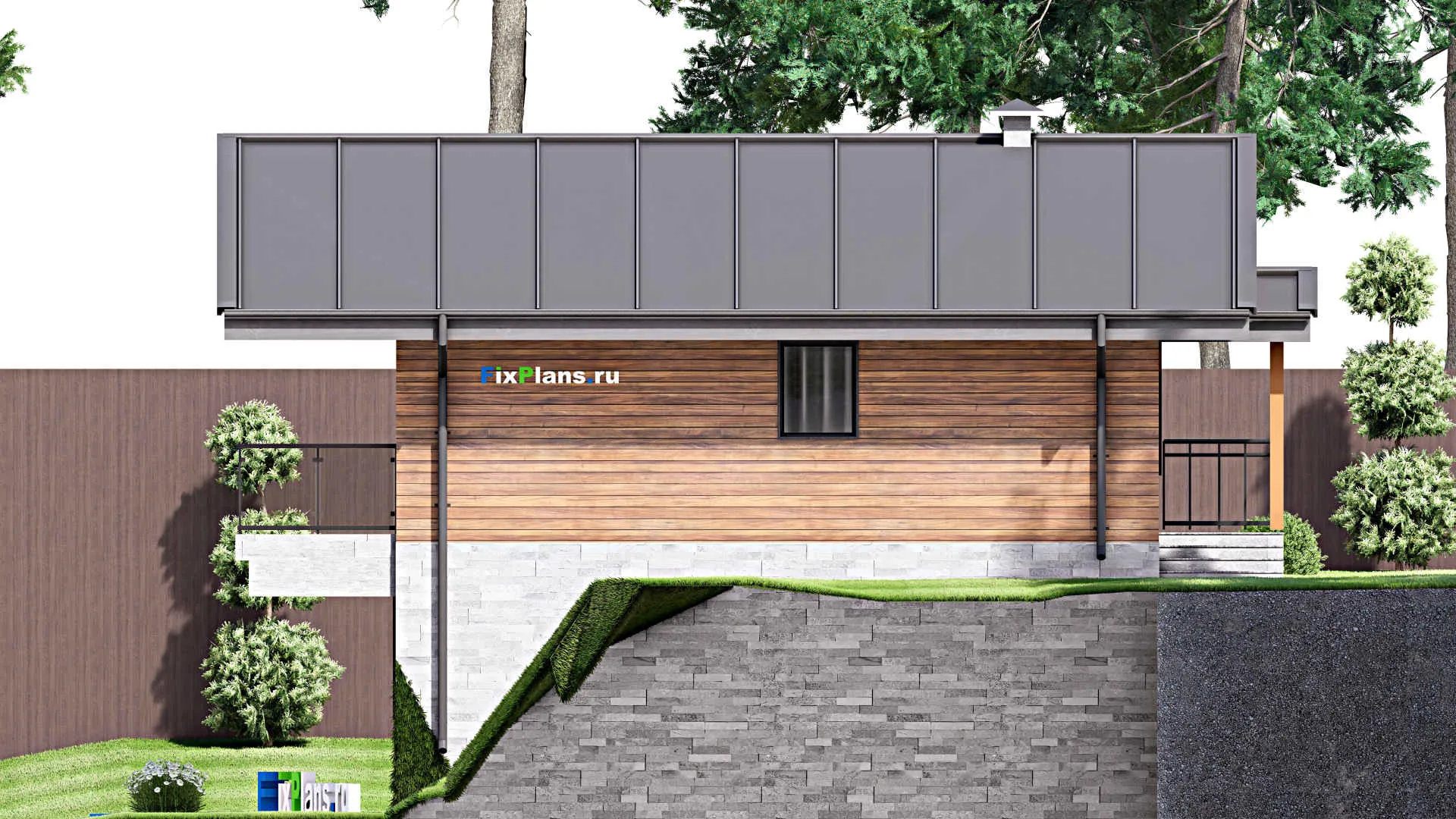 F-9827 - Проект одноэтажного дома 12 на 12, площадью 190 м² с террасой, цокольным этажом, баней, спортзалом и 1 спальнями