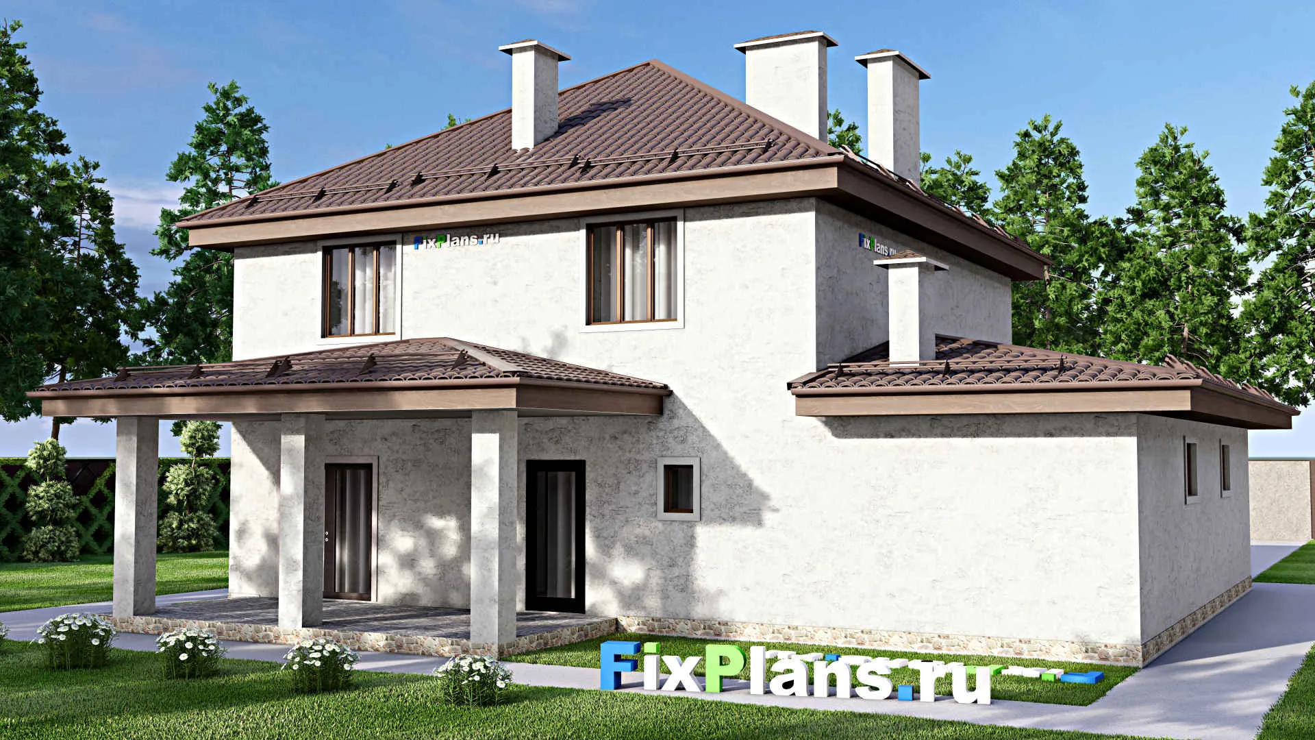 F-13436 - Проект двухэтажного дома 14 на 15, площадью 210 м² с террасой, баней, гаражом на 1 машину и 3 спальнями