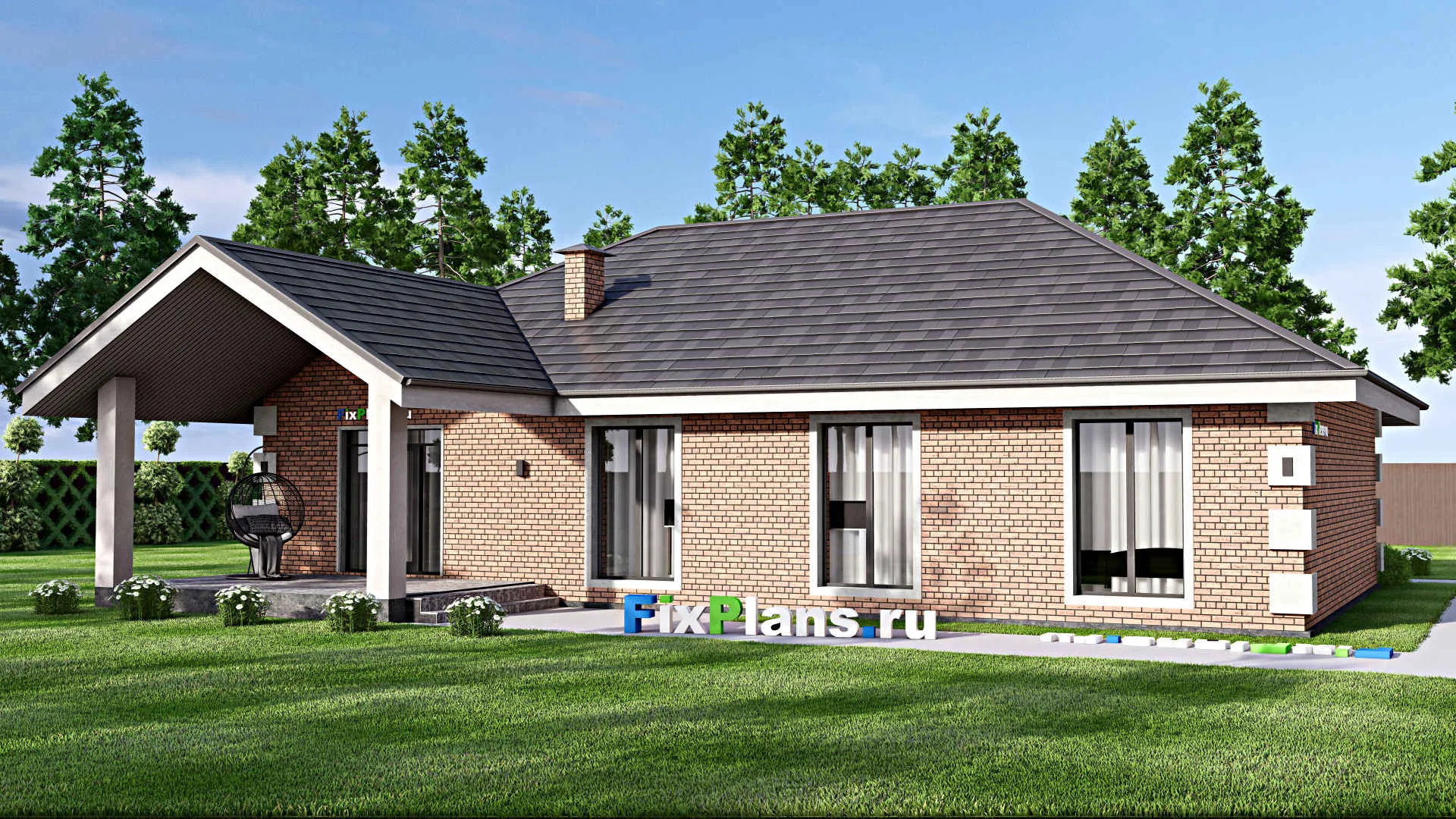 F-13913 - Проект одноэтажного дома 15 на 17, площадью 160 м² с террасой и 4 спальнями