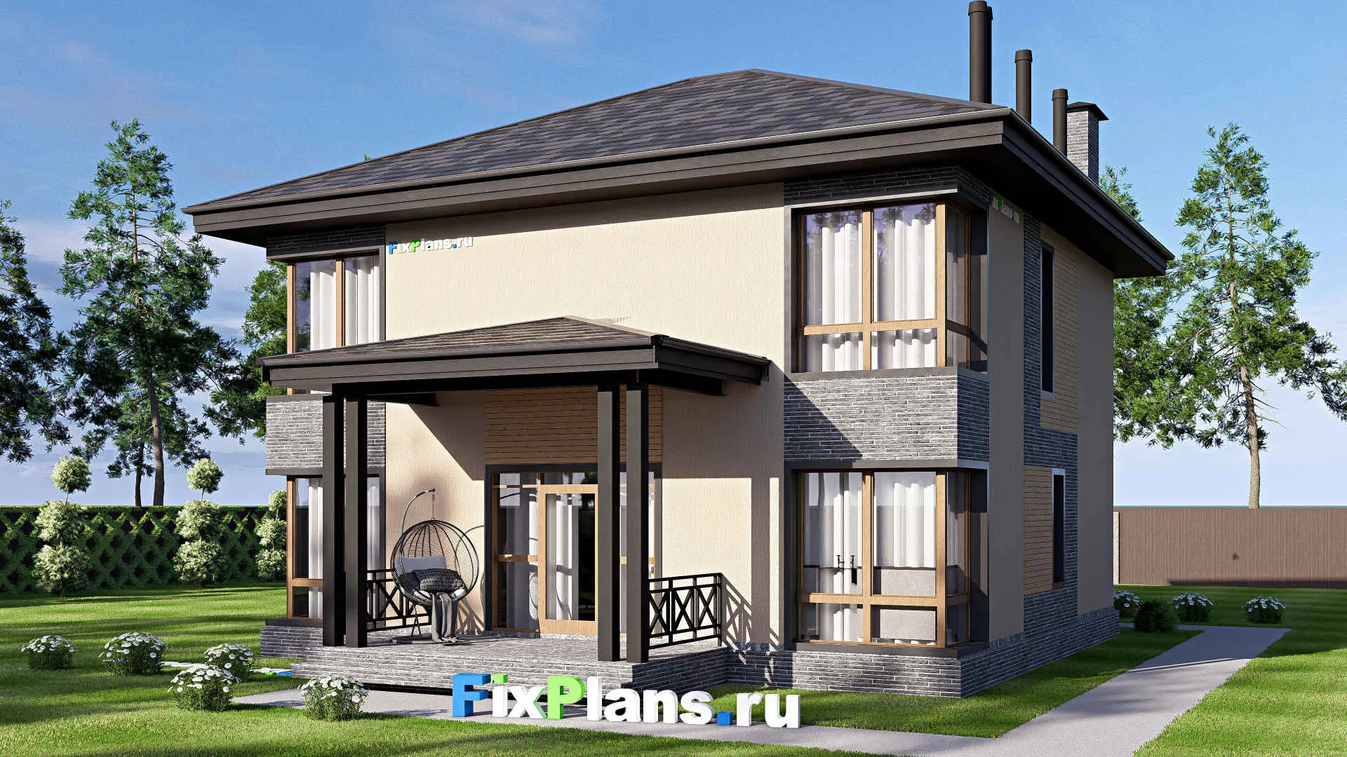 F-19538 - Планы двухэтажного дома 12 на 15, площадью 200 м² с террасой и 3 спальнями