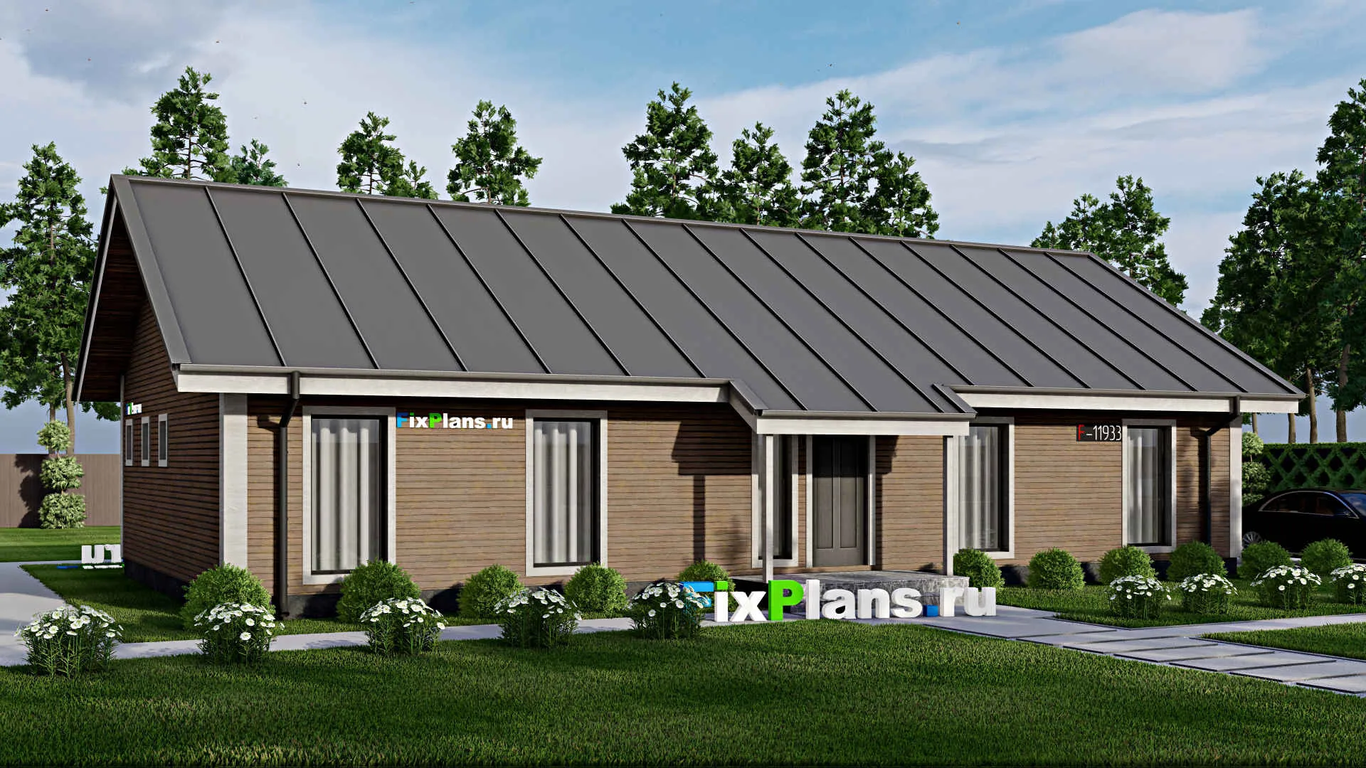 F-11933 - Проект одноэтажного дома 11 на 17, площадью 140 м² с баней и 3 спальнями