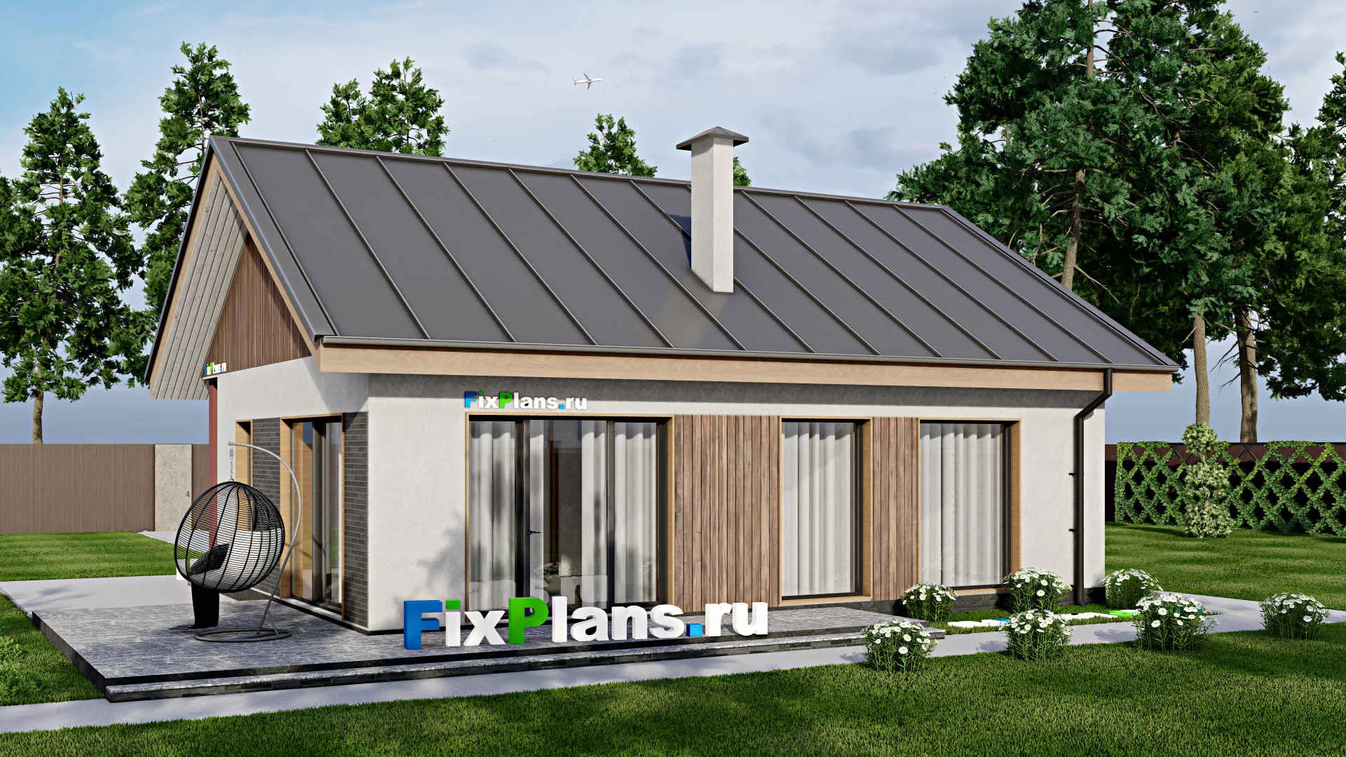 F-7064 - Проект одноэтажного дома 11 на 14, площадью 120 м² с террасой и 2 спальнями