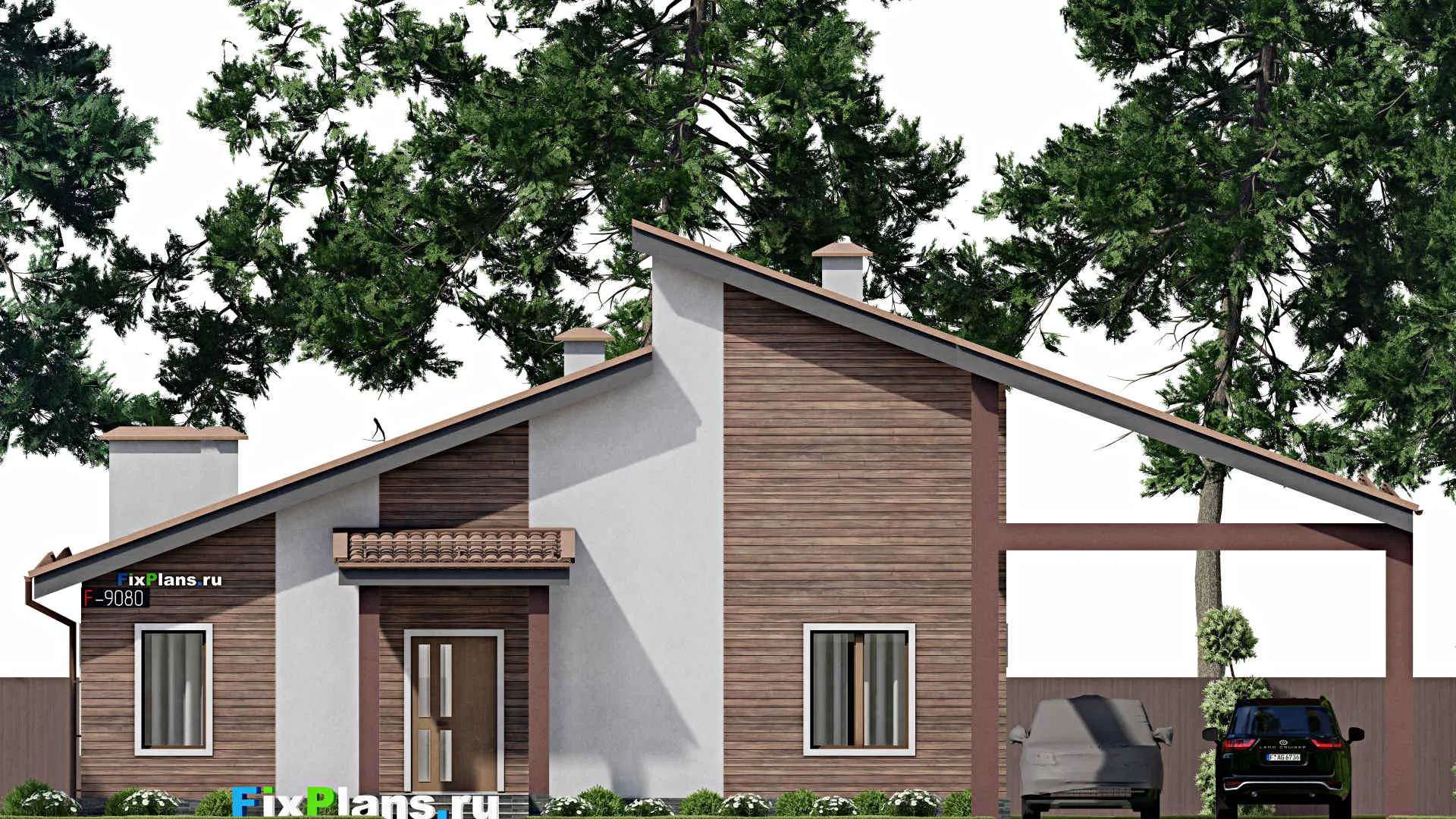 F-9080 - Проект одноэтажного дома 14 на 14, площадью 130 м² с террасой и 2 спальнями