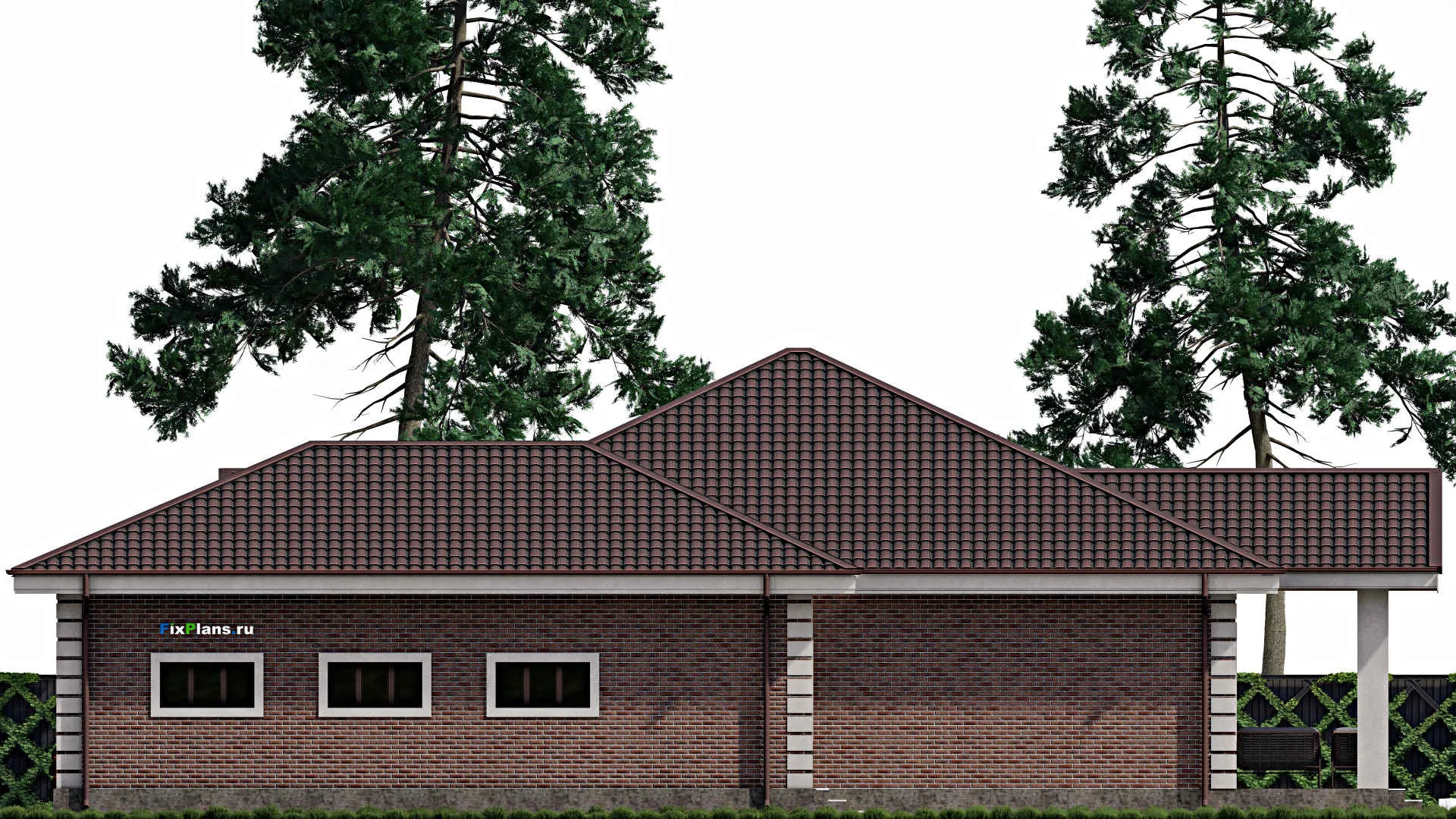 F-0674 - Проект одноэтажного дома 20 на 22, площадью 270 м² с террасой, гаражом на 2 машины и 4 спальнями