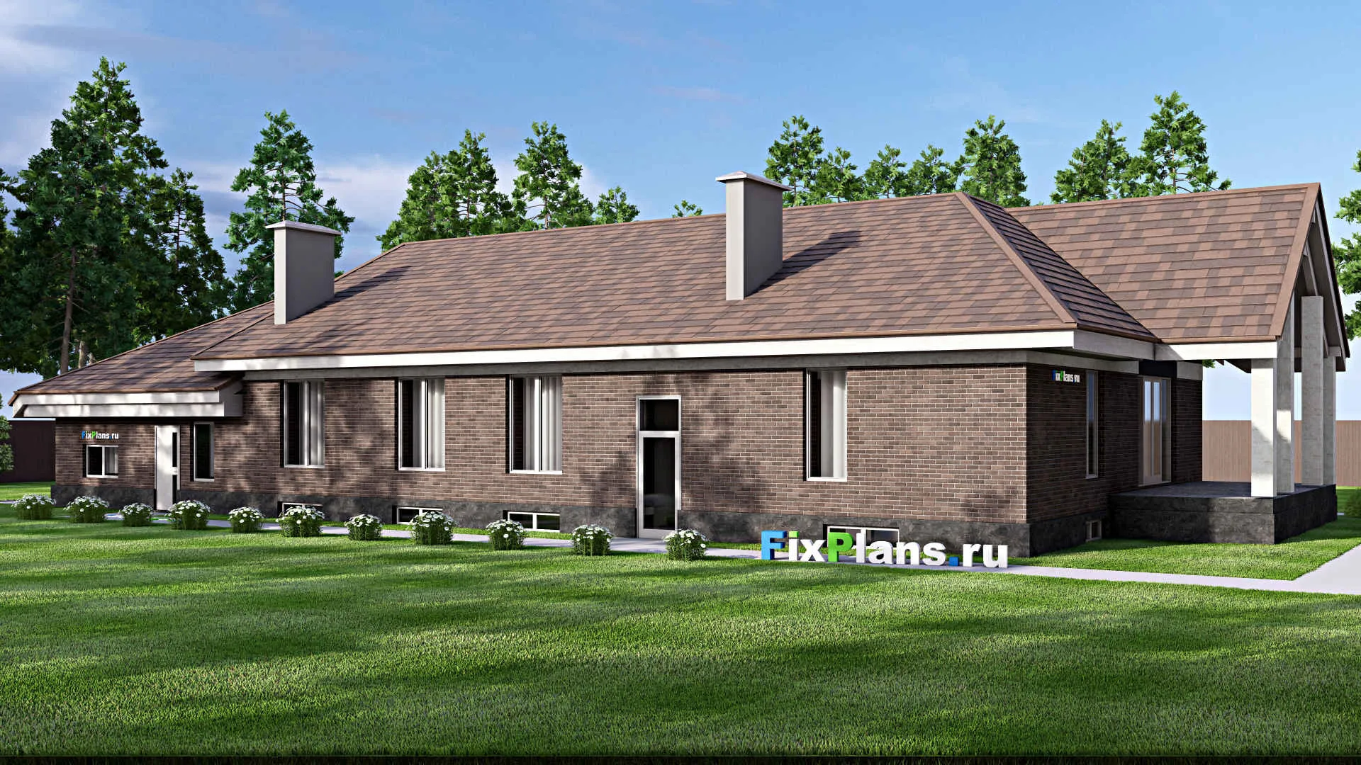 F-14453 - План одноэтажного дома 13 на 31, площадью 480 м² с террасой, цокольным этажом, гаражом на 2 машины и 4 спальнями